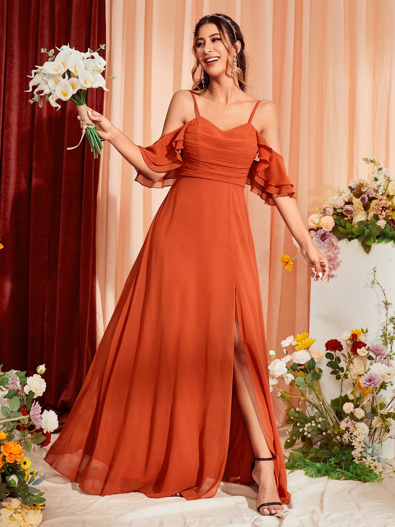 Cold Shoulder Ruched Split Thigh Chiffon Bridesmaid Dress