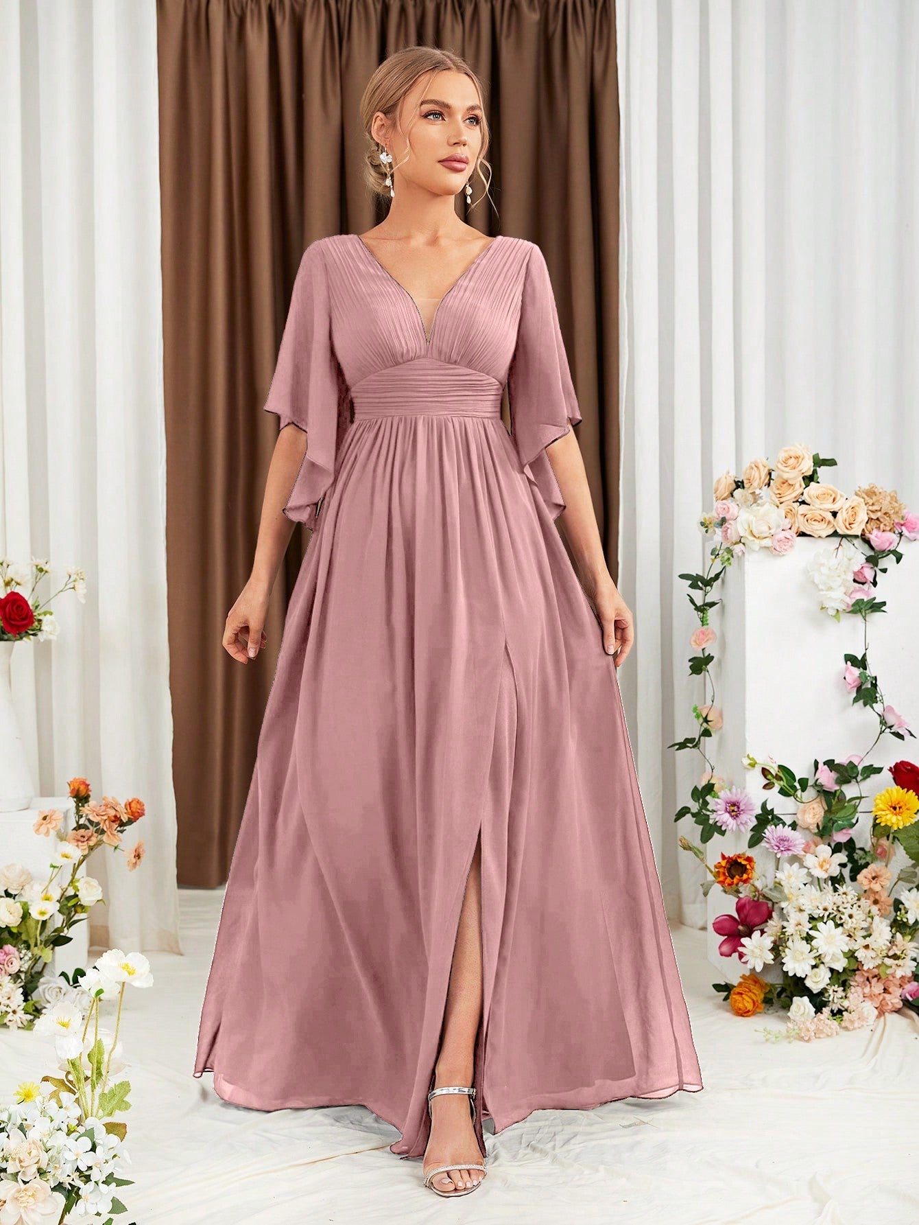 Butterfly Sleeve Popover Split Thigh Chiffon Bridesmaid Dress