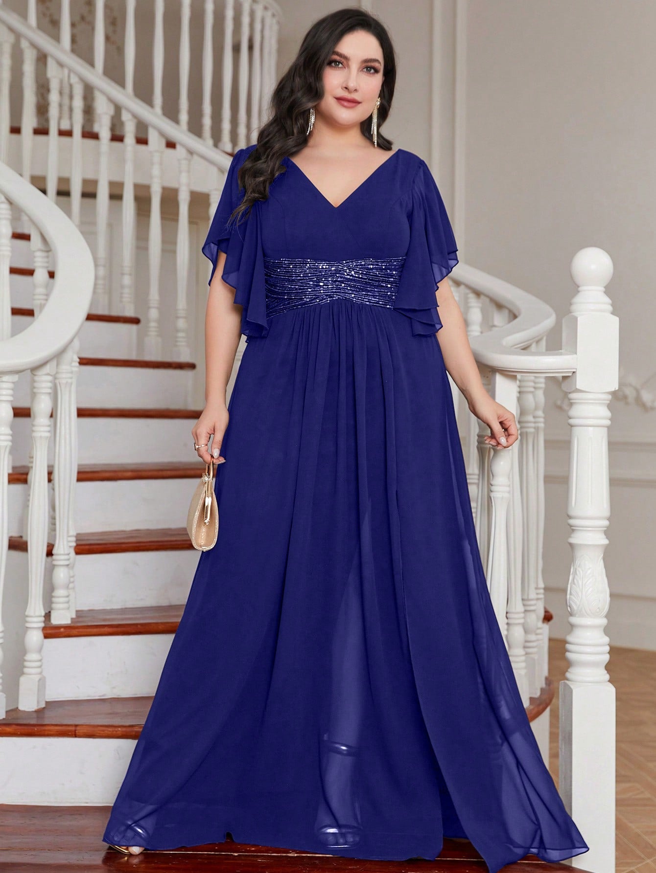 LUNE Plus Contrast Sequin Butterfly Sleeve Split Thigh Chiffon Bridesmaid Dress