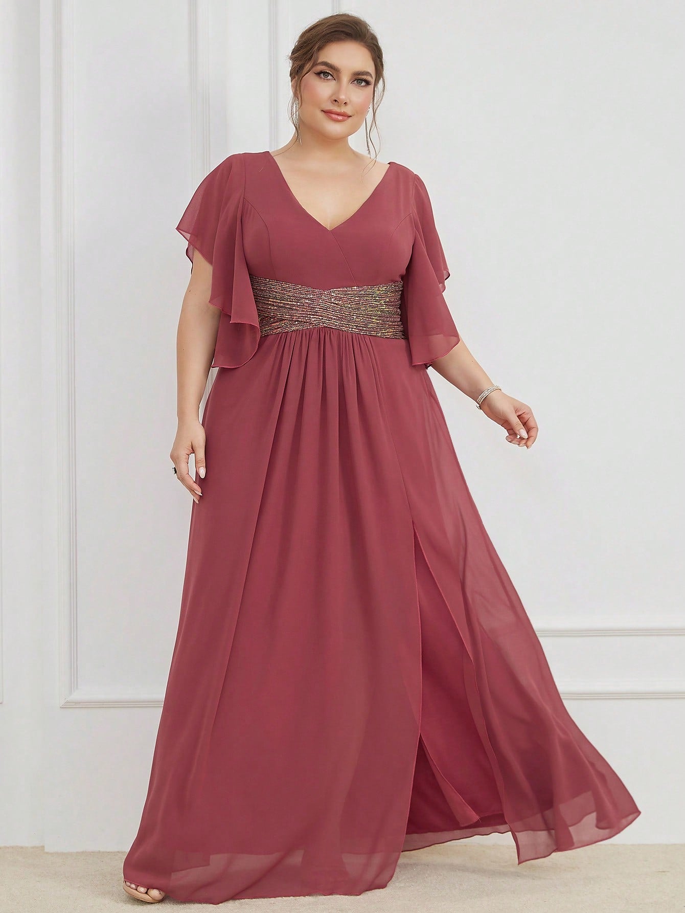 LUNE Plus Contrast Sequin Butterfly Sleeve Split Thigh Chiffon Bridesmaid Dress