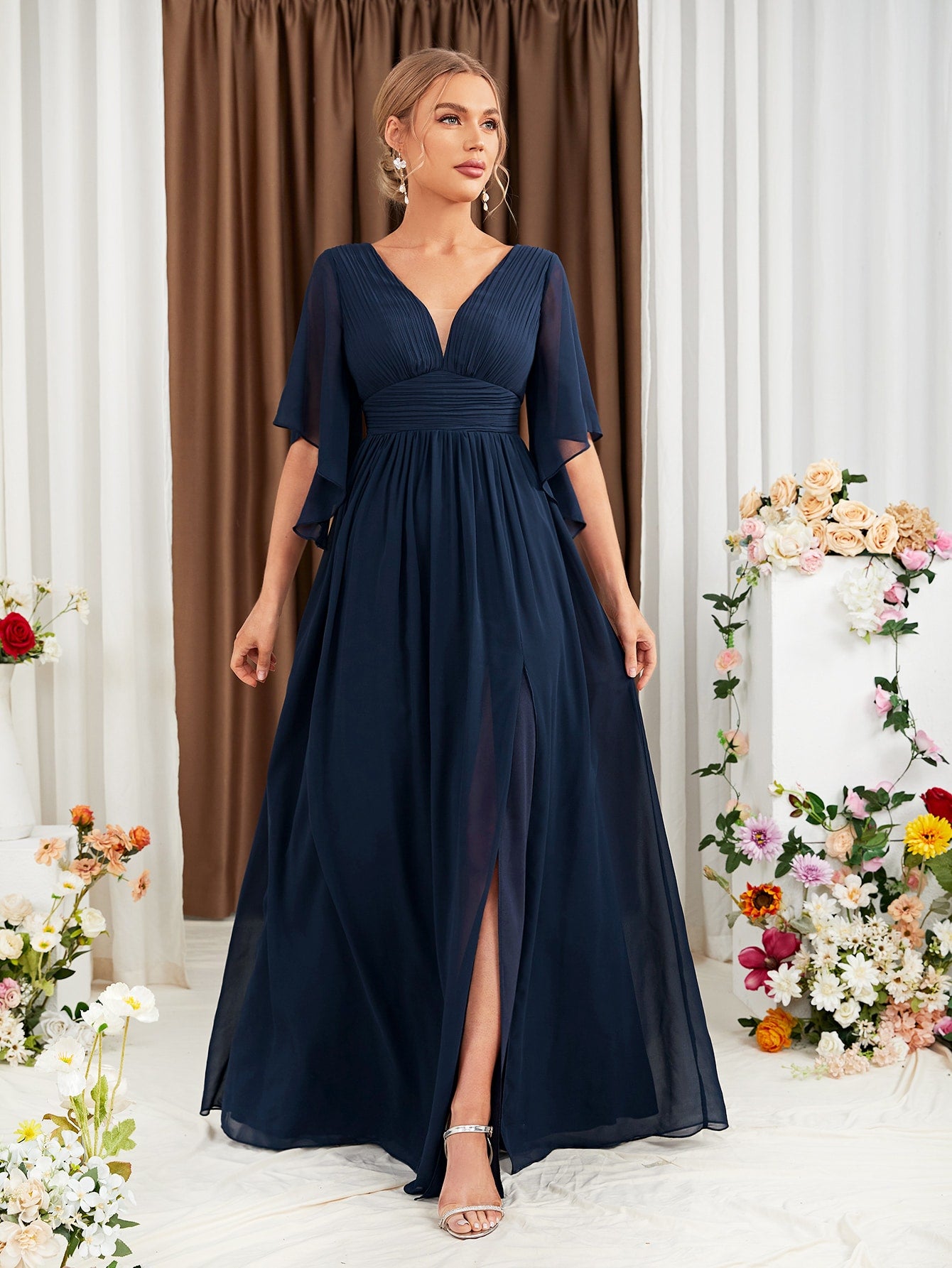 Butterfly Sleeve Popover Split Thigh Chiffon Bridesmaid Dress