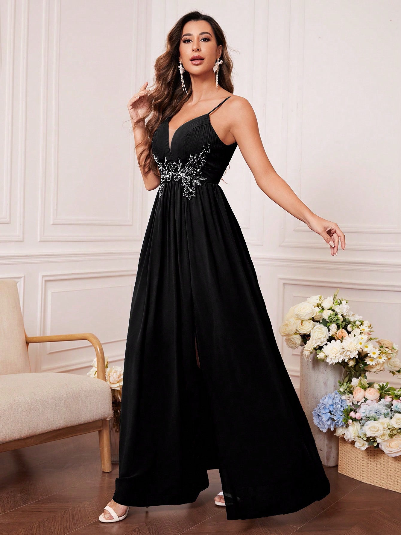 Solid Rhinestone Detail Split Thigh Chiffon Bridesmaid Dress