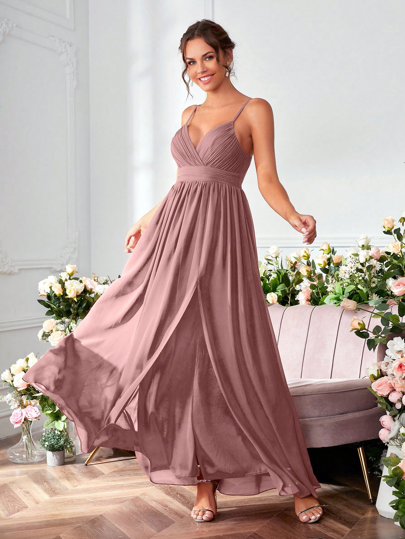 Ruched Split Thigh Chiffon Bridesmaid Dress