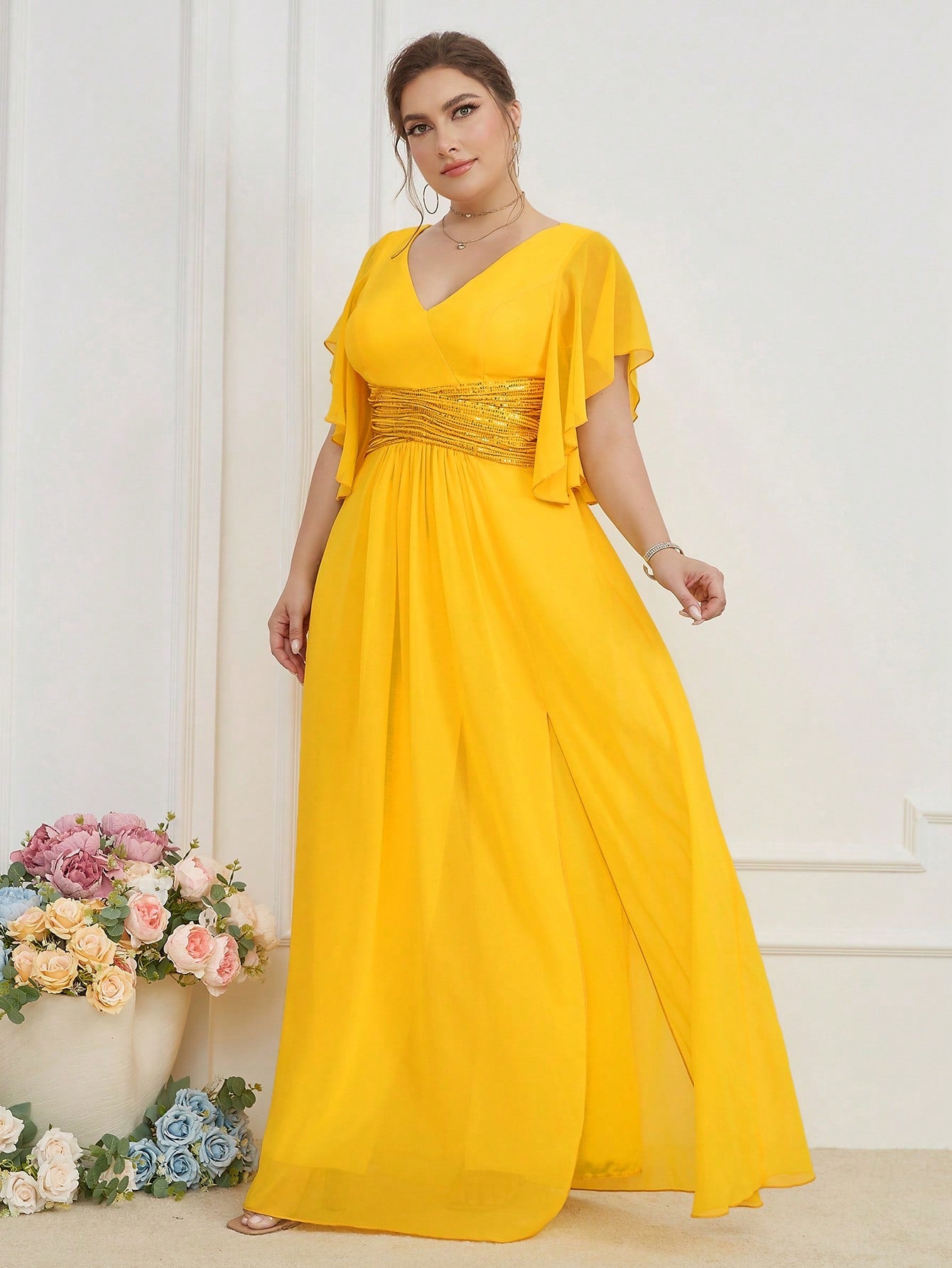 LUNE Plus Contrast Sequin Butterfly Sleeve Split Thigh Chiffon Bridesmaid Dress