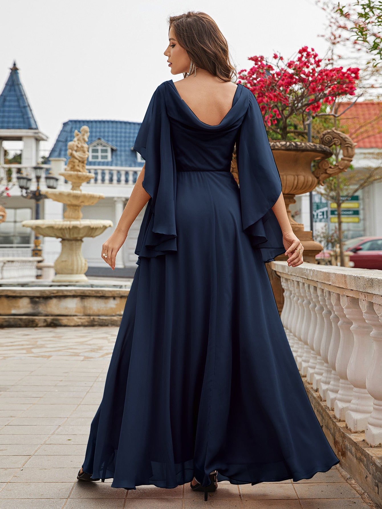 Pearls Detail Butterfly Sleeve Chiffon Bridesmaid Dress