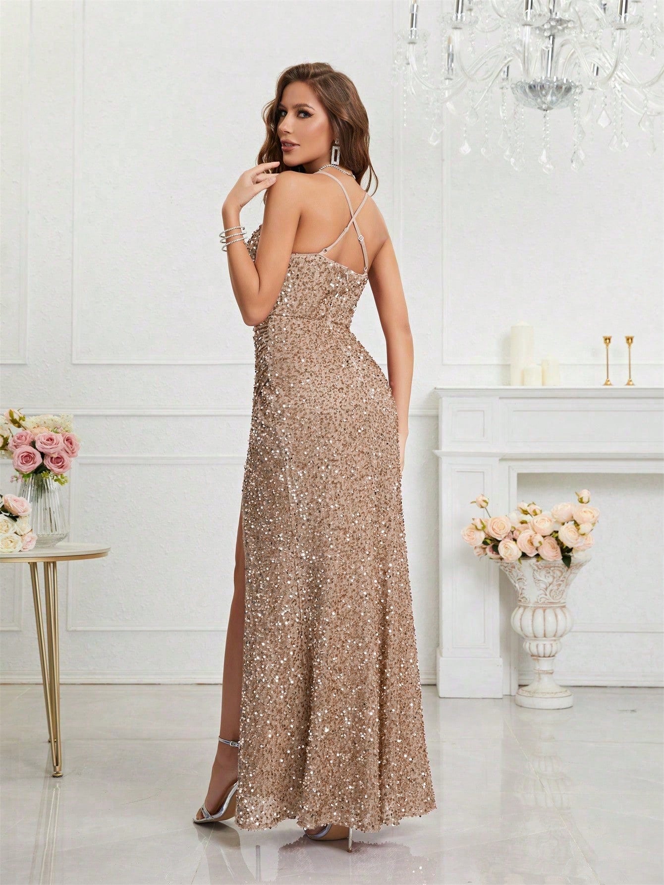 LUNE Split Thigh Sequin Formal Dress