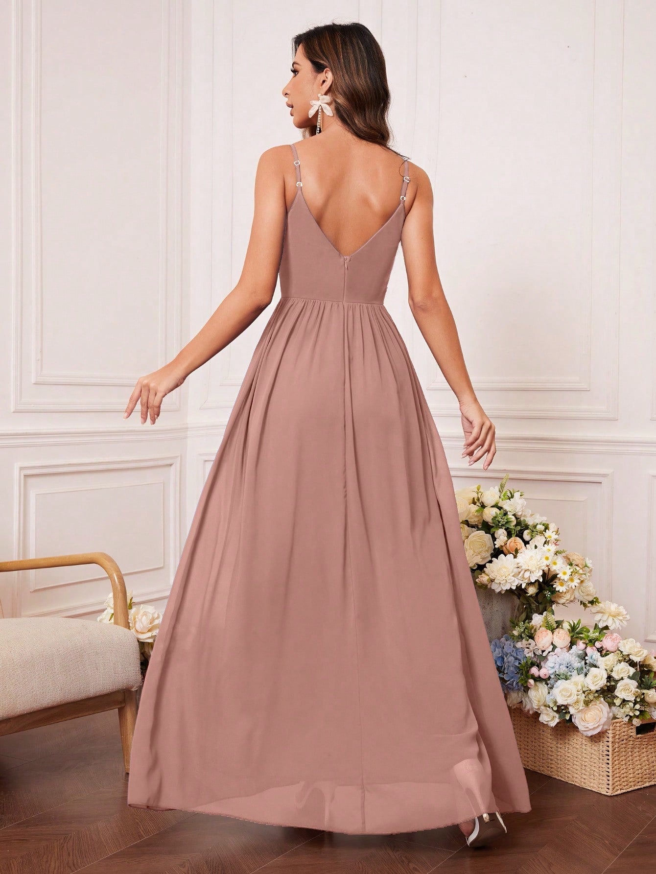 Solid Rhinestone Detail Split Thigh Chiffon Bridesmaid Dress