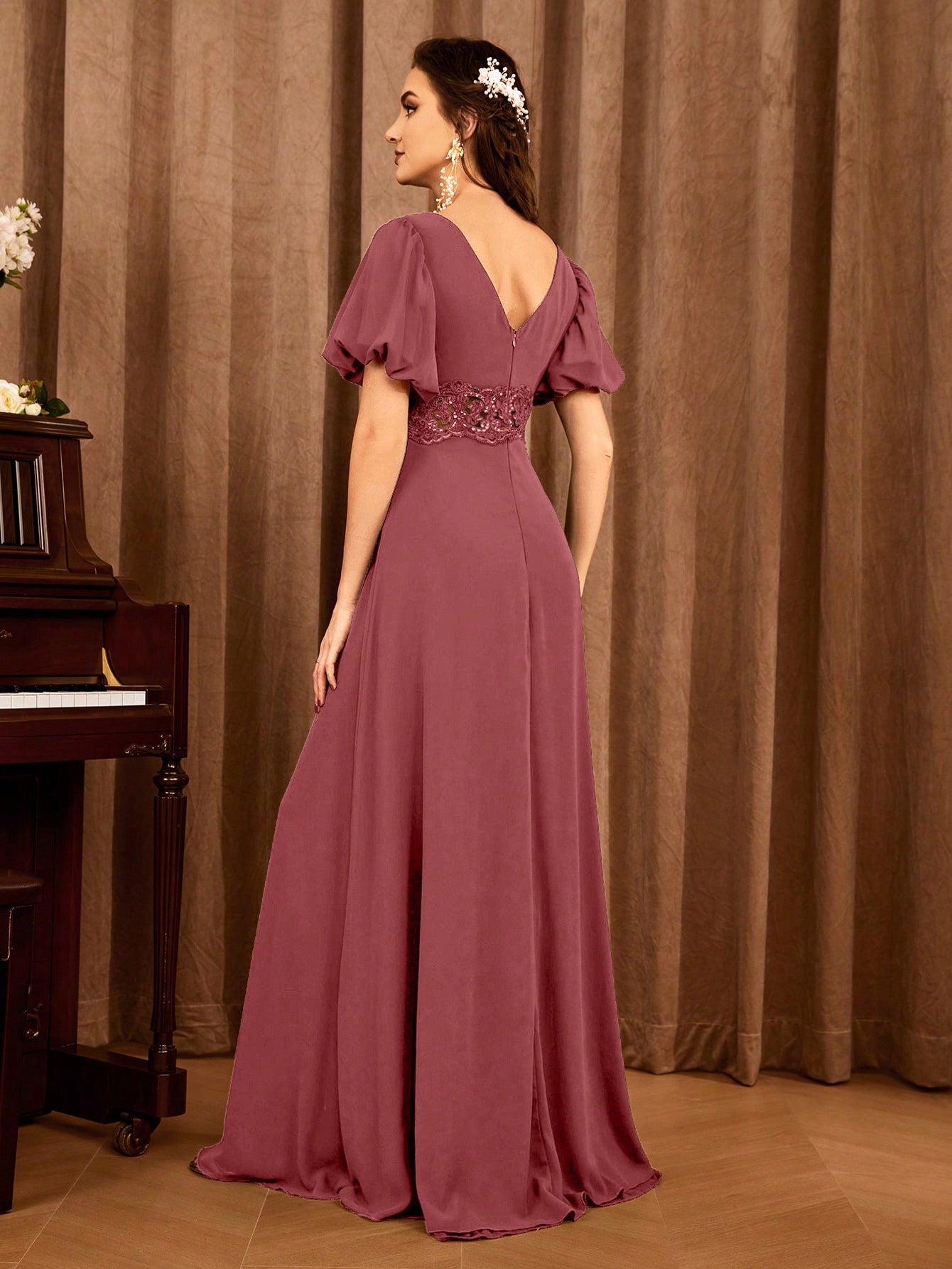 Contrast Lace Bishop Sleeve Bridesmaid Dress