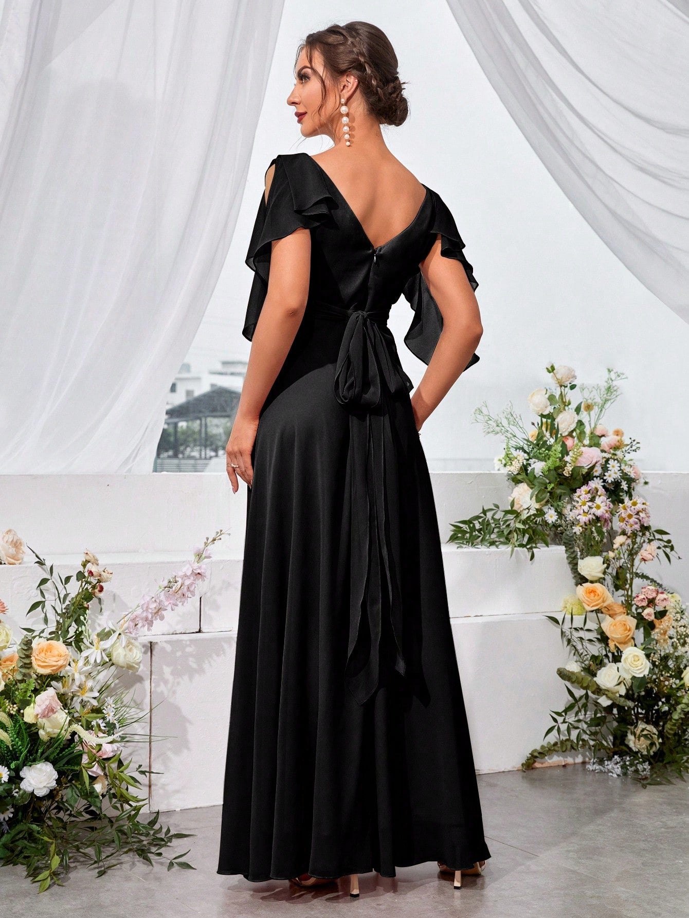 Ruffle Trim Cold Shoulder Tie Back Chiffon Maxi Bridesmaid Dress