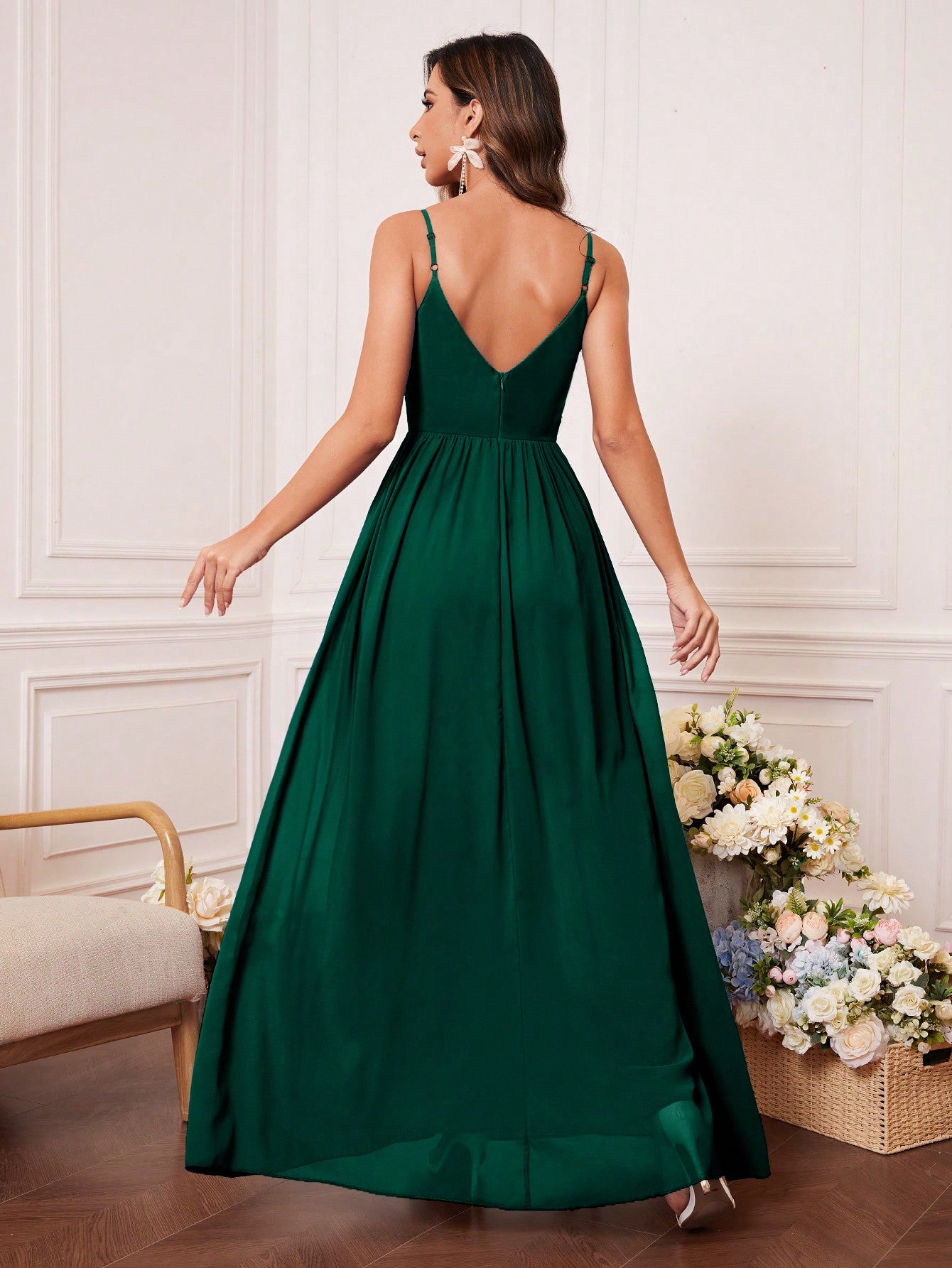 Solid Rhinestone Detail Split Thigh Chiffon Bridesmaid Dress