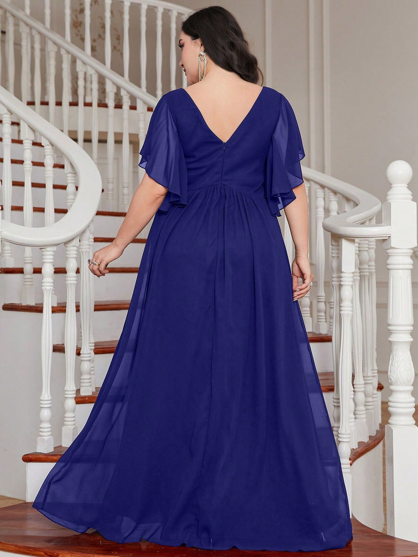LUNE Plus Contrast Sequin Butterfly Sleeve Split Thigh Chiffon Bridesmaid Dress