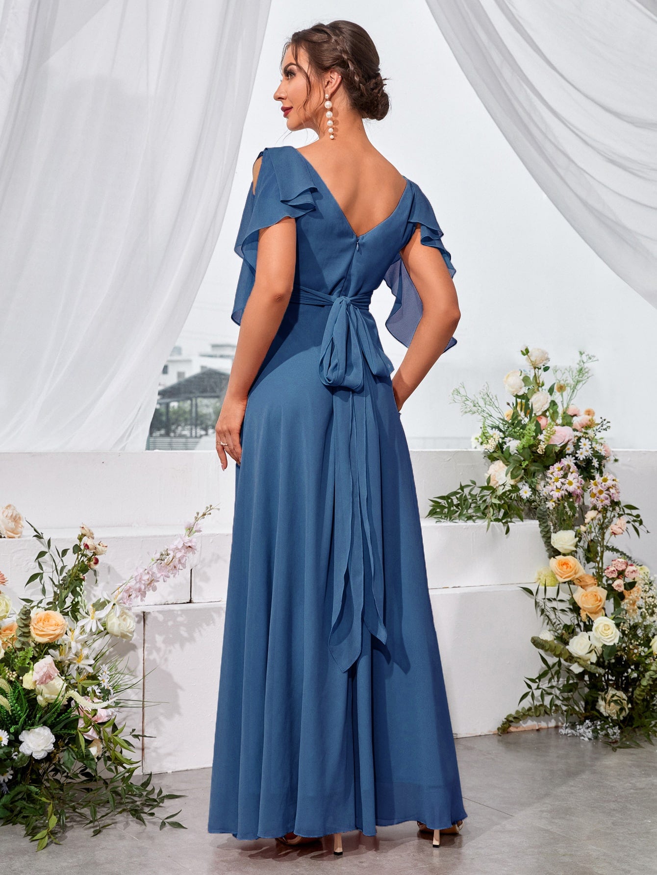 Ruffle Trim Cold Shoulder Tie Back Chiffon Maxi Bridesmaid Dress
