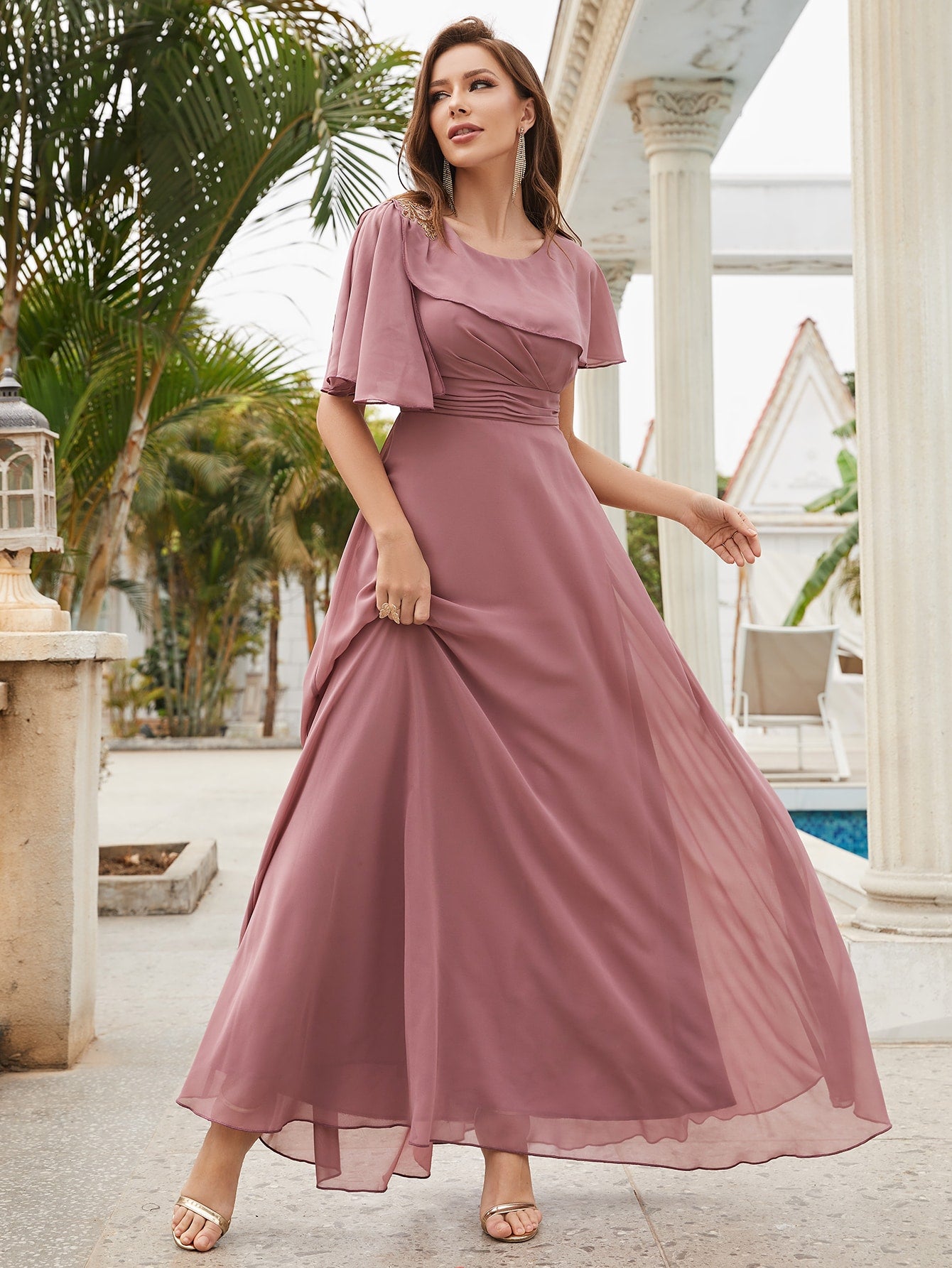 Ruched Ruffle Trim Chiffon Bridesmaid Dress