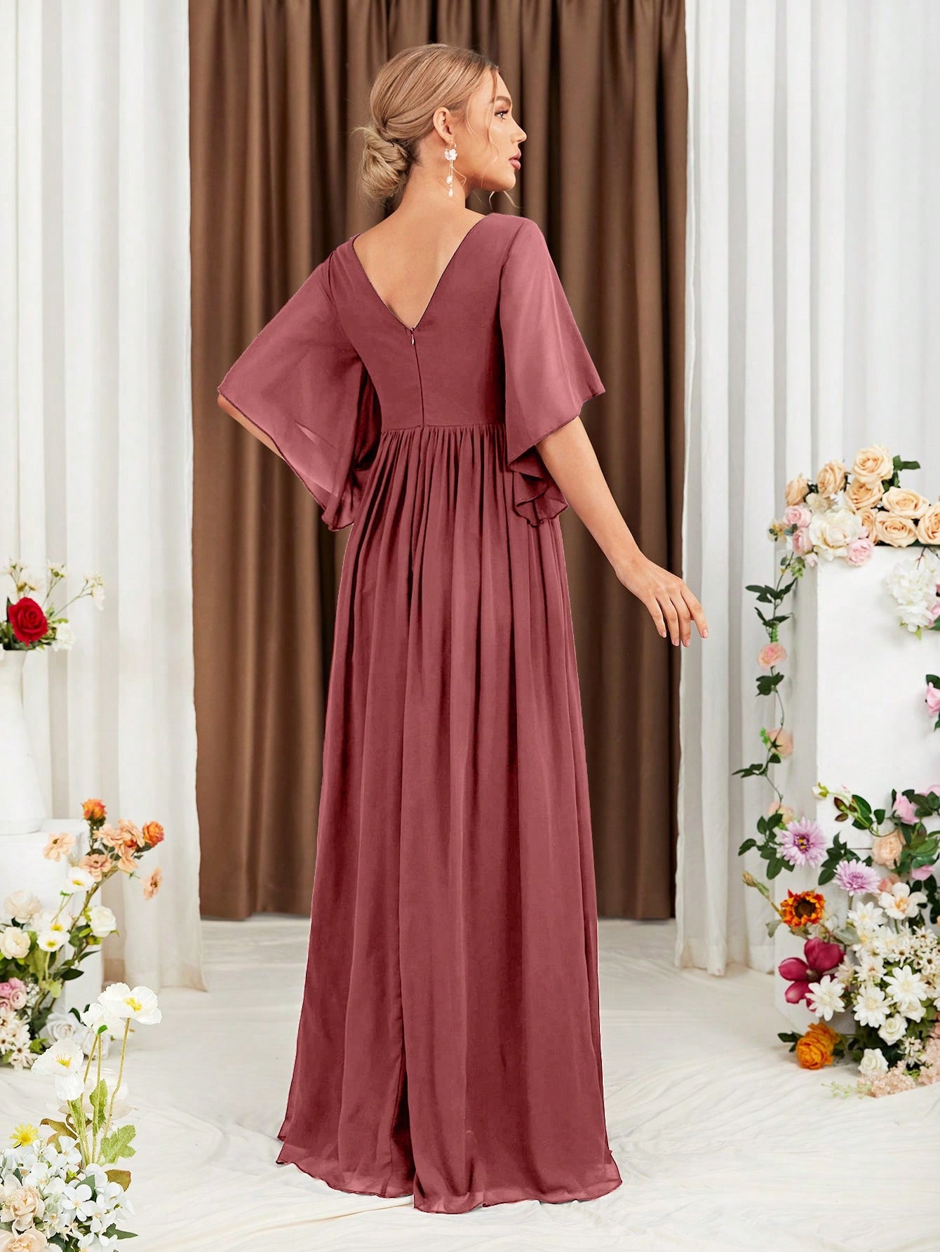 Butterfly Sleeve Popover Split Thigh Chiffon Bridesmaid Dress