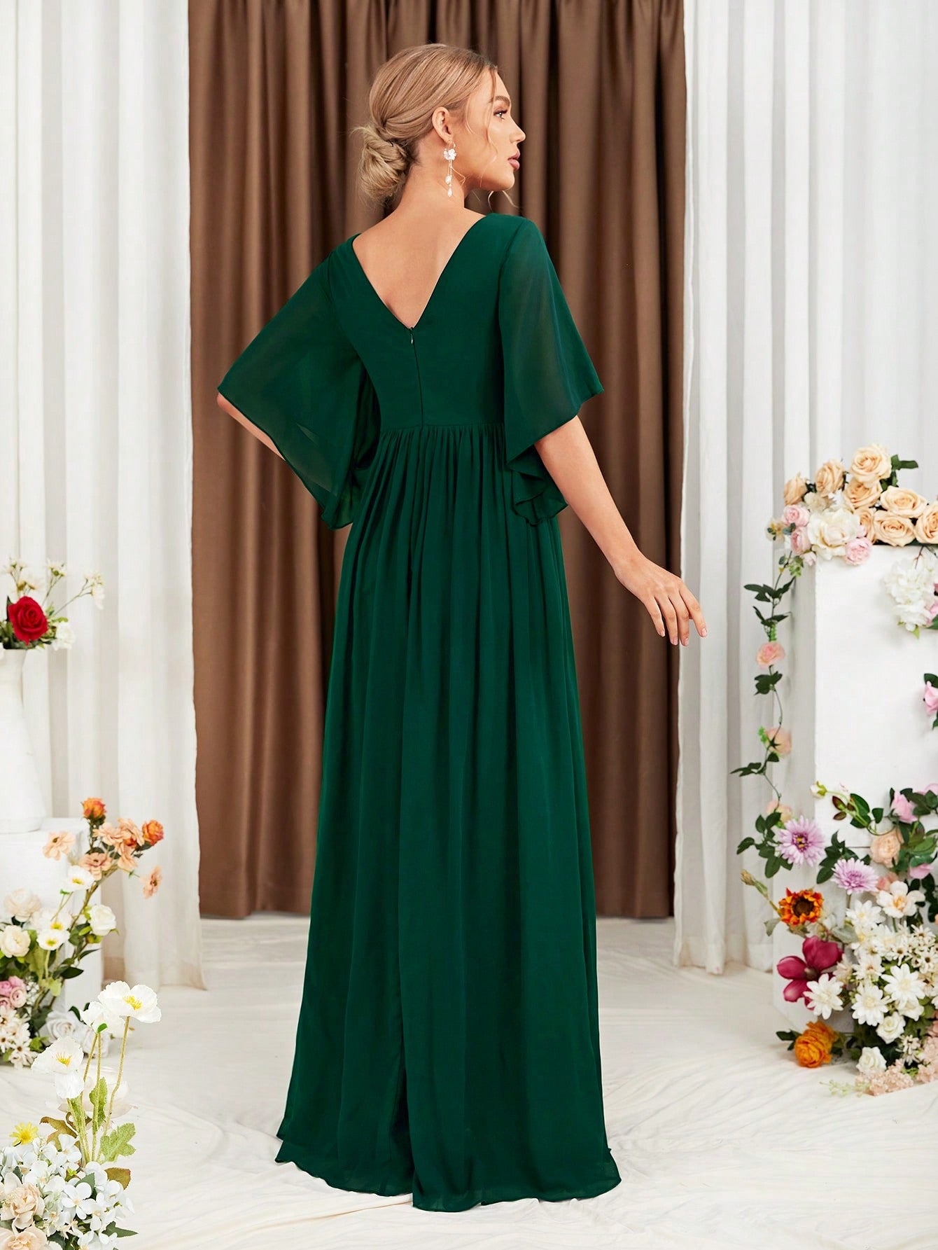 Butterfly Sleeve Popover Split Thigh Chiffon Bridesmaid Dress