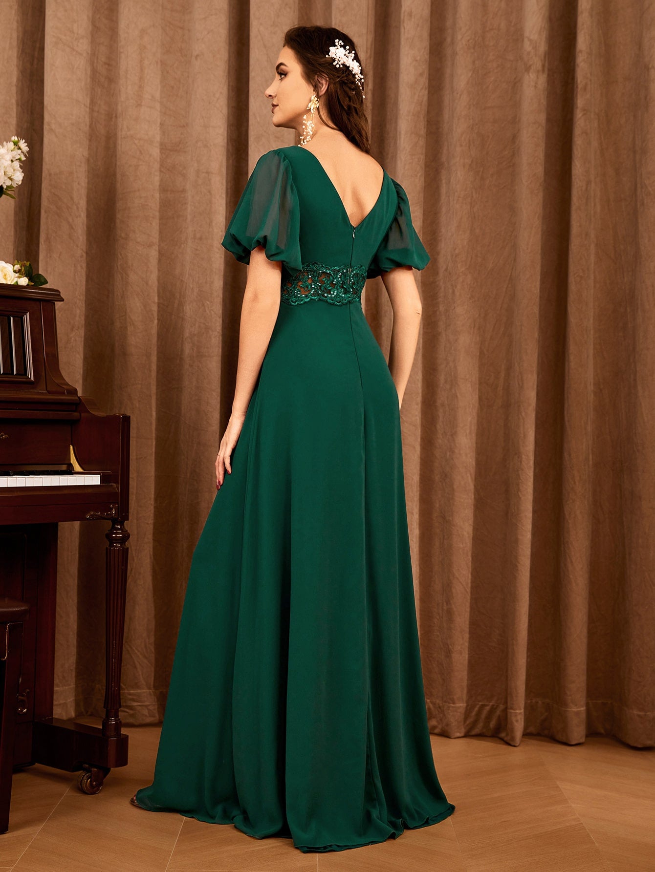 Contrast Lace Bishop Sleeve Bridesmaid Dress