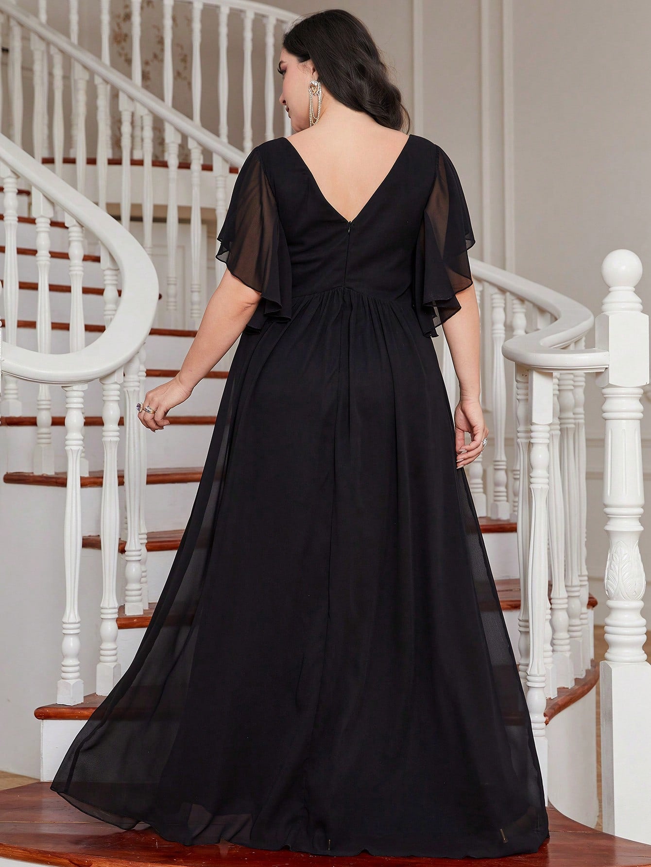 LUNE Plus Contrast Sequin Butterfly Sleeve Split Thigh Chiffon Bridesmaid Dress