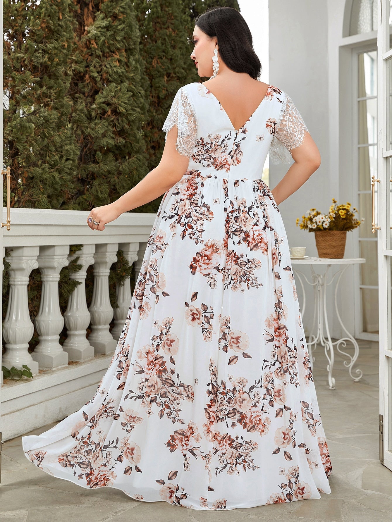 Plus Floral Print Split Thigh Chiffon Bridesmaid Dress