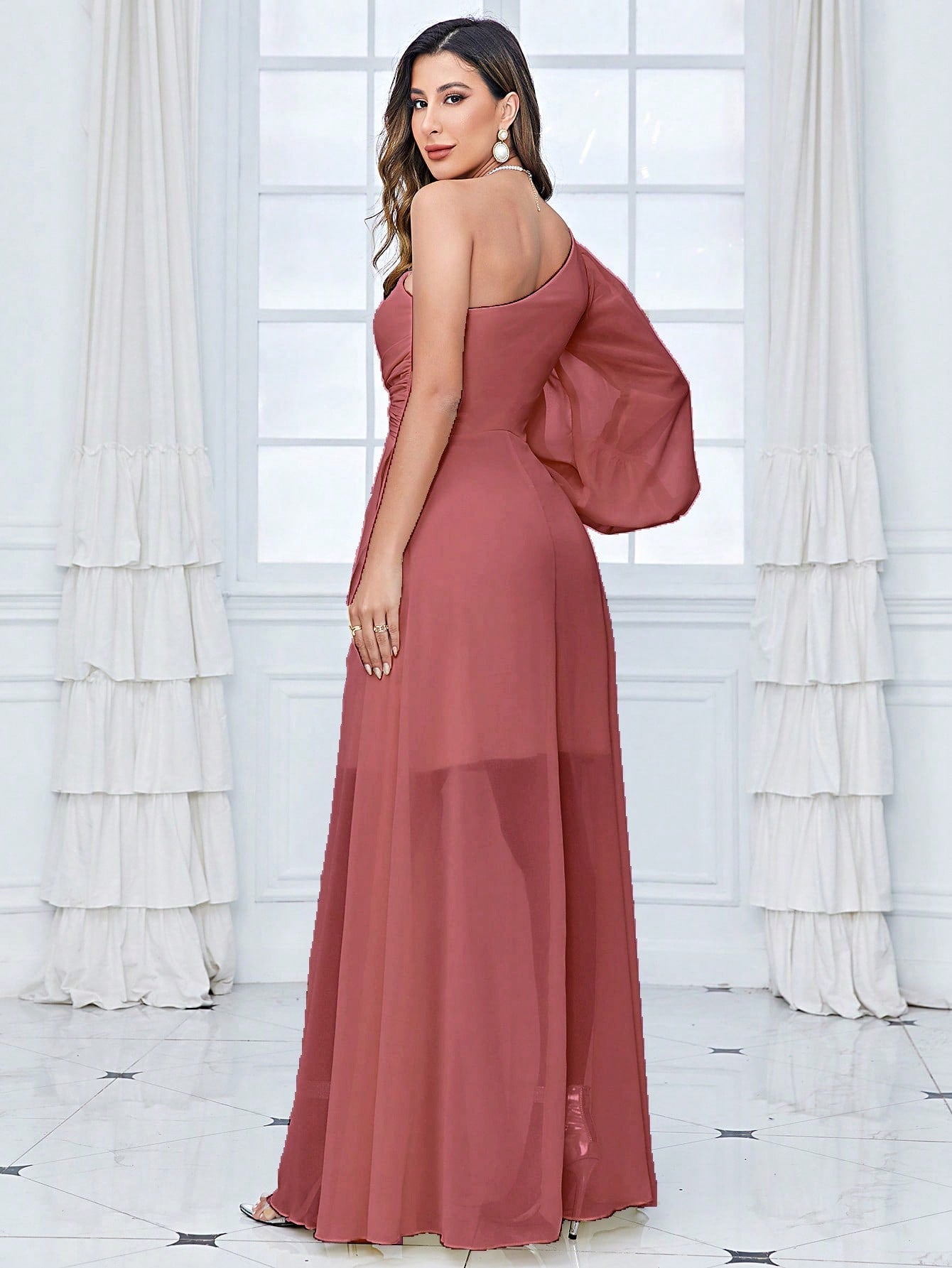 One Shoulder Lantern Sleeve Twist Front Split Thigh Chiffon Bridesmaid Dress