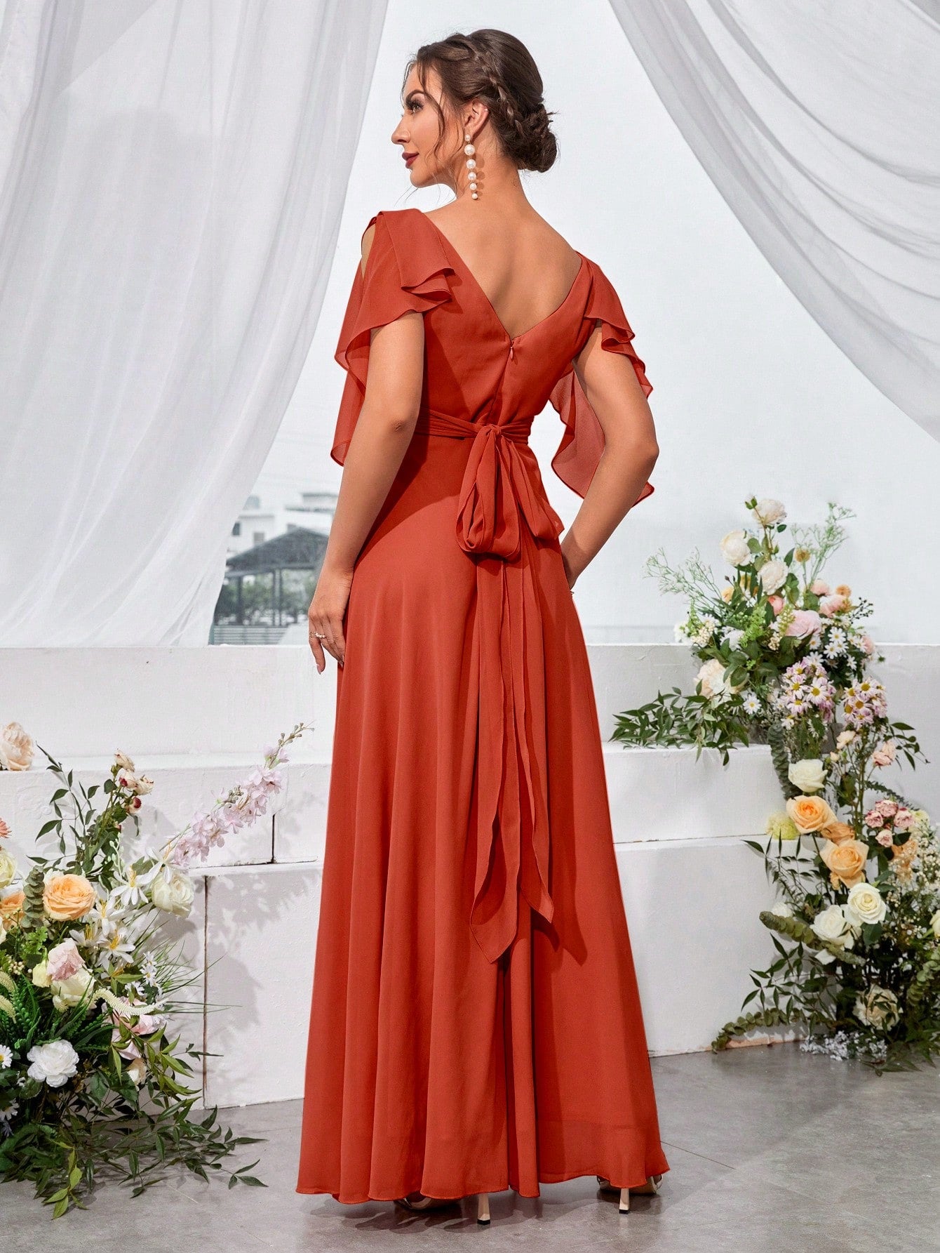 Ruffle Trim Cold Shoulder Tie Back Chiffon Maxi Bridesmaid Dress