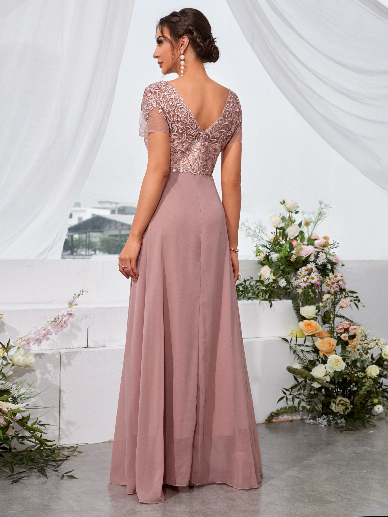 Floral Embroidery Chiffon Bridesmaid Dress
