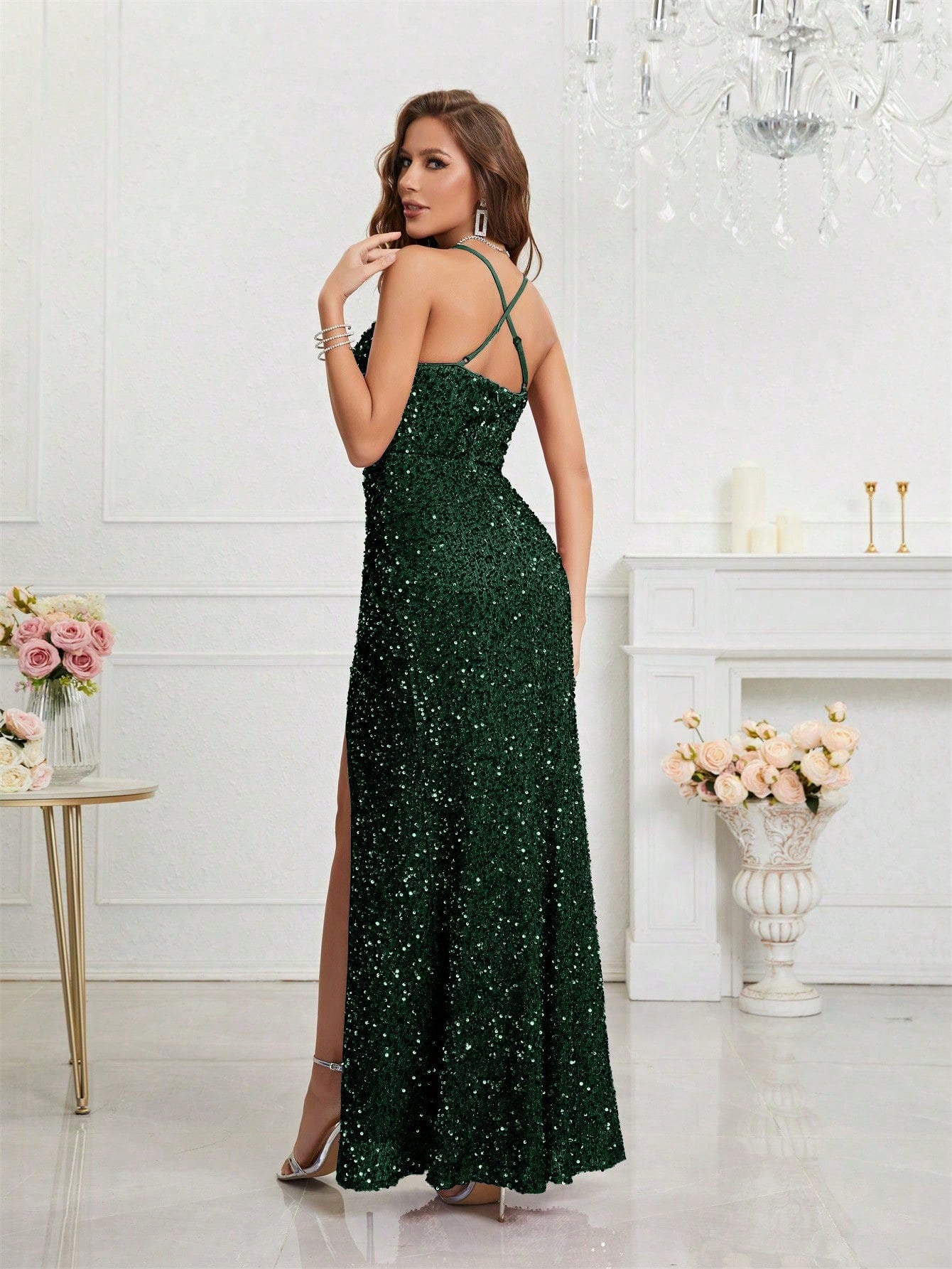 LUNE Split Thigh Sequin Formal Dress