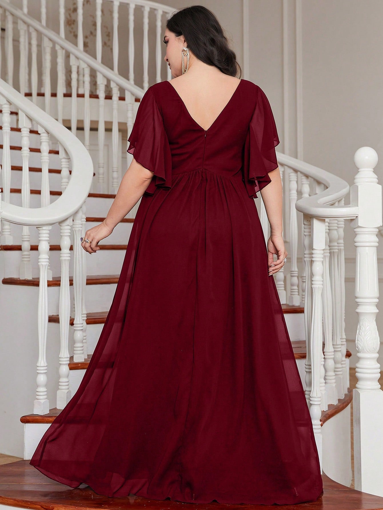 LUNE Plus Contrast Sequin Butterfly Sleeve Split Thigh Chiffon Bridesmaid Dress