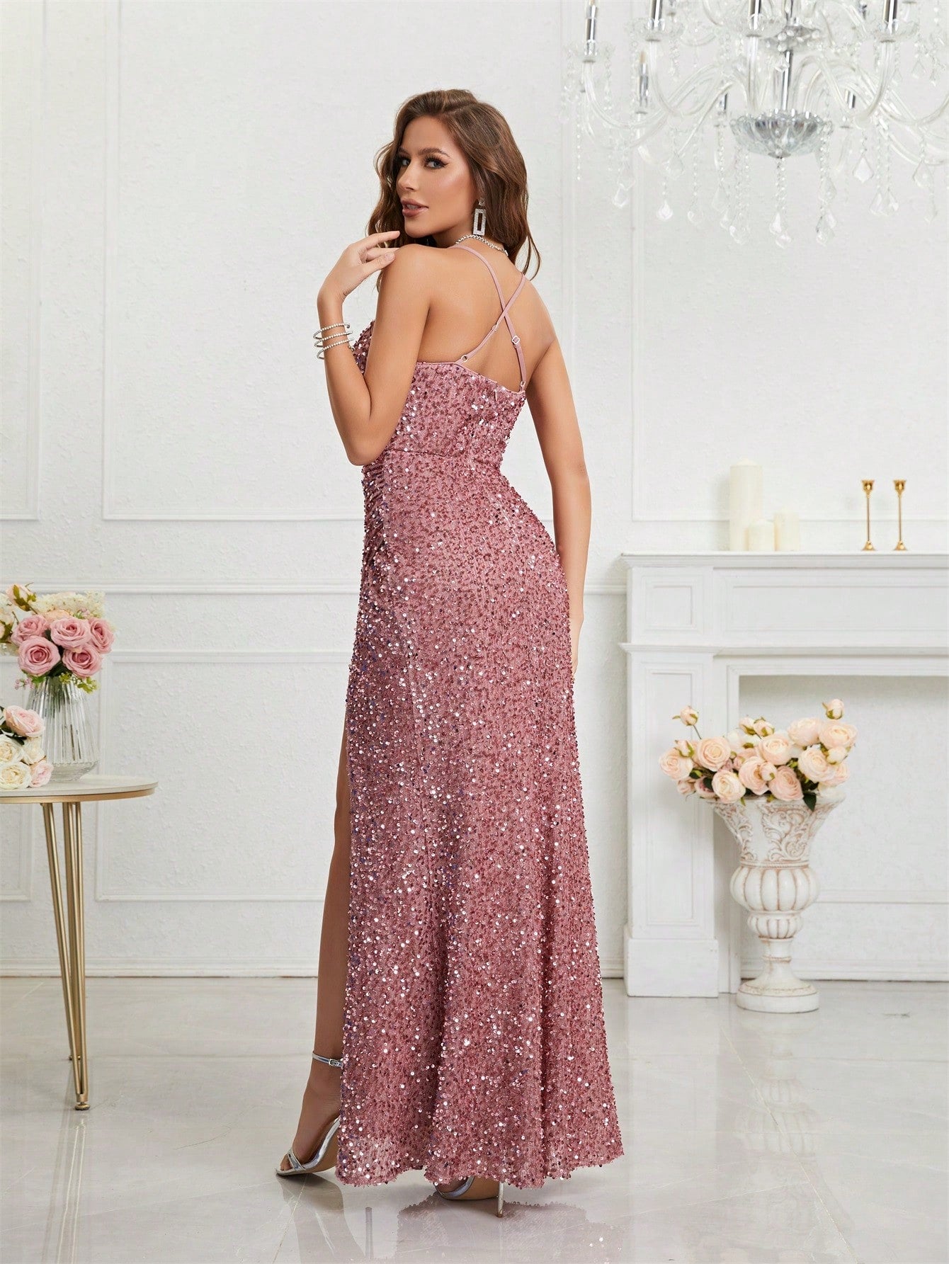 LUNE Split Thigh Sequin Formal Dress