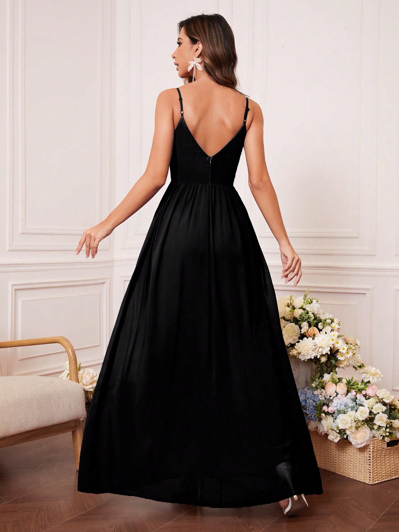 Solid Rhinestone Detail Split Thigh Chiffon Bridesmaid Dress