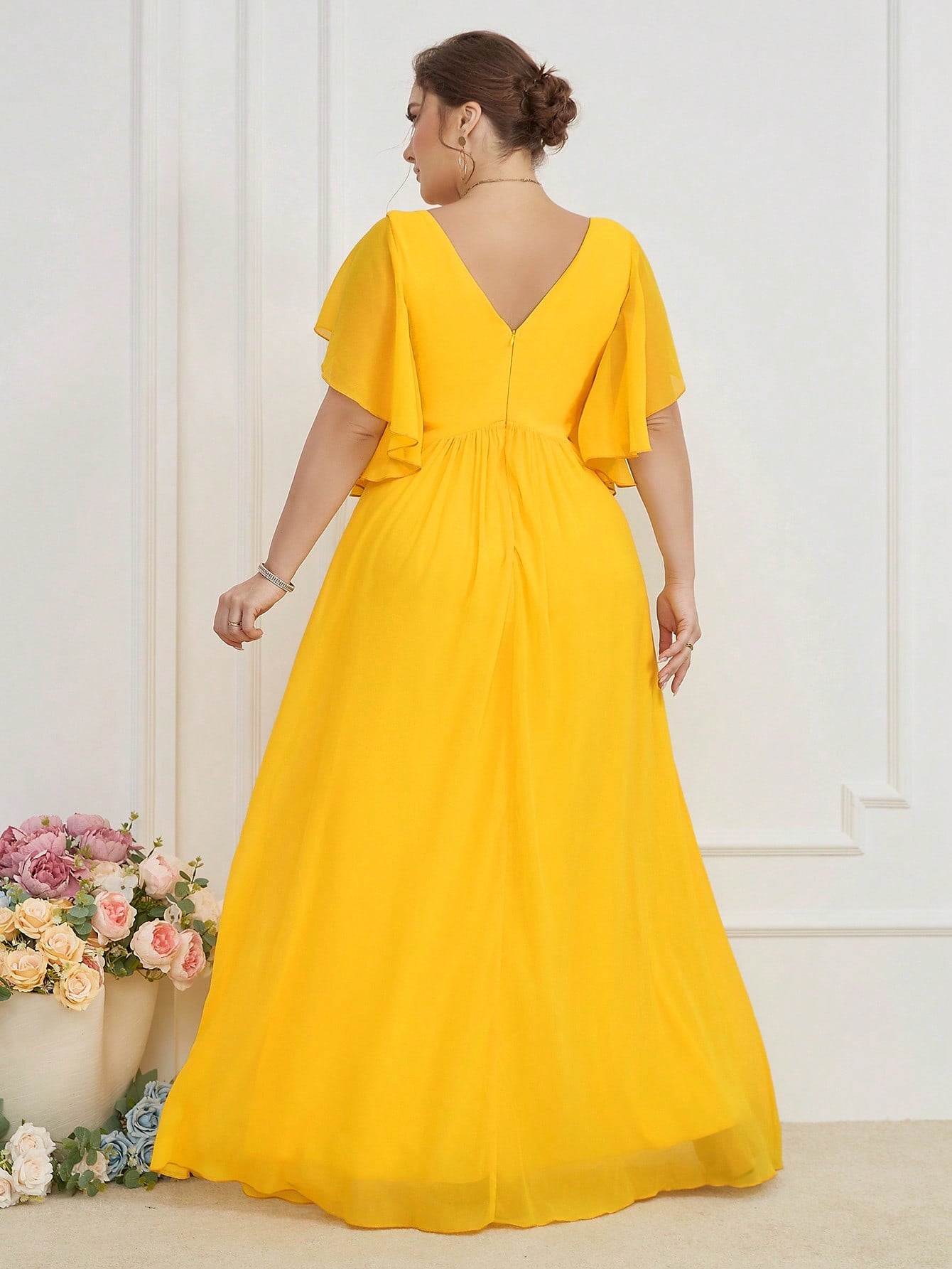 LUNE Plus Contrast Sequin Butterfly Sleeve Split Thigh Chiffon Bridesmaid Dress