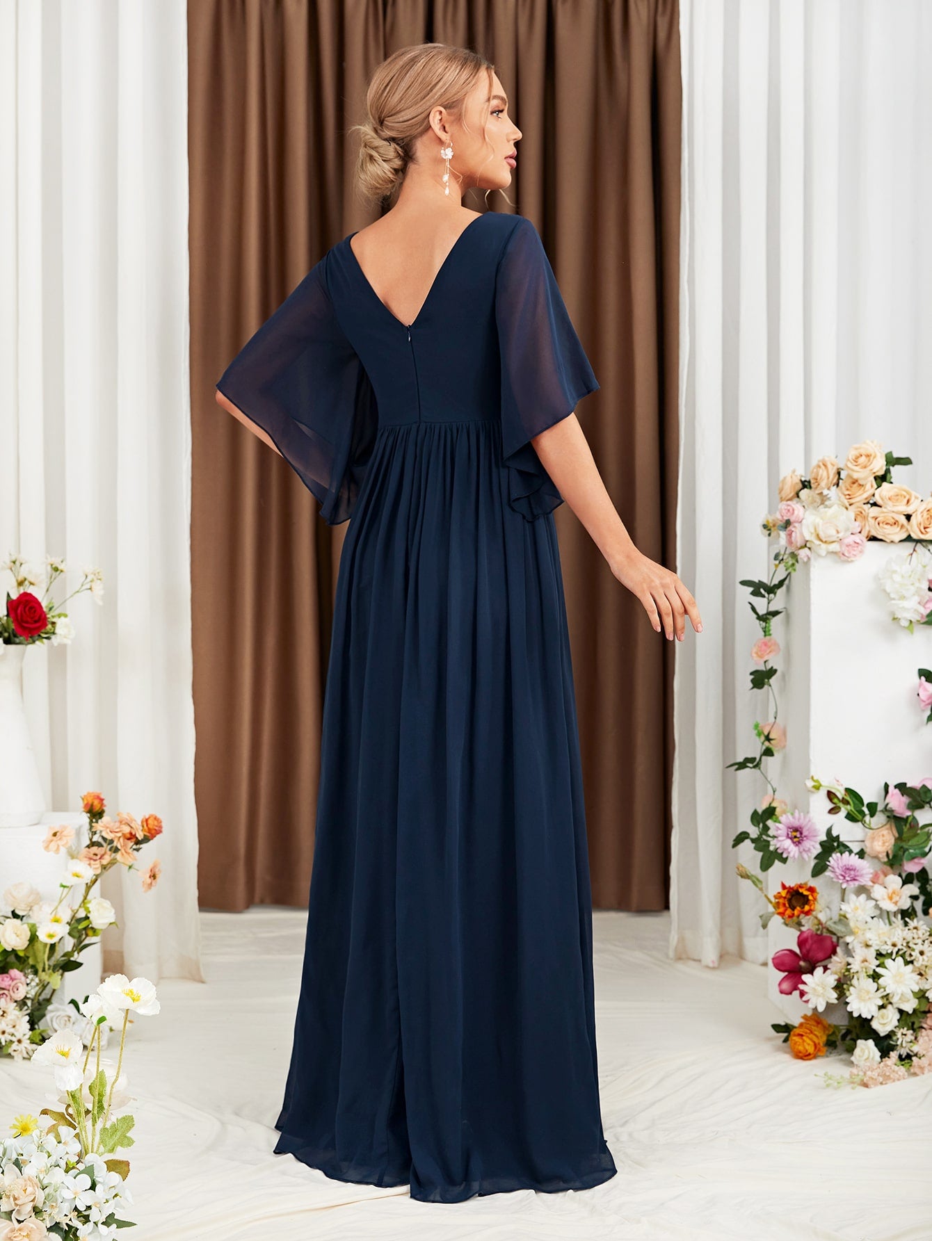 Butterfly Sleeve Popover Split Thigh Chiffon Bridesmaid Dress