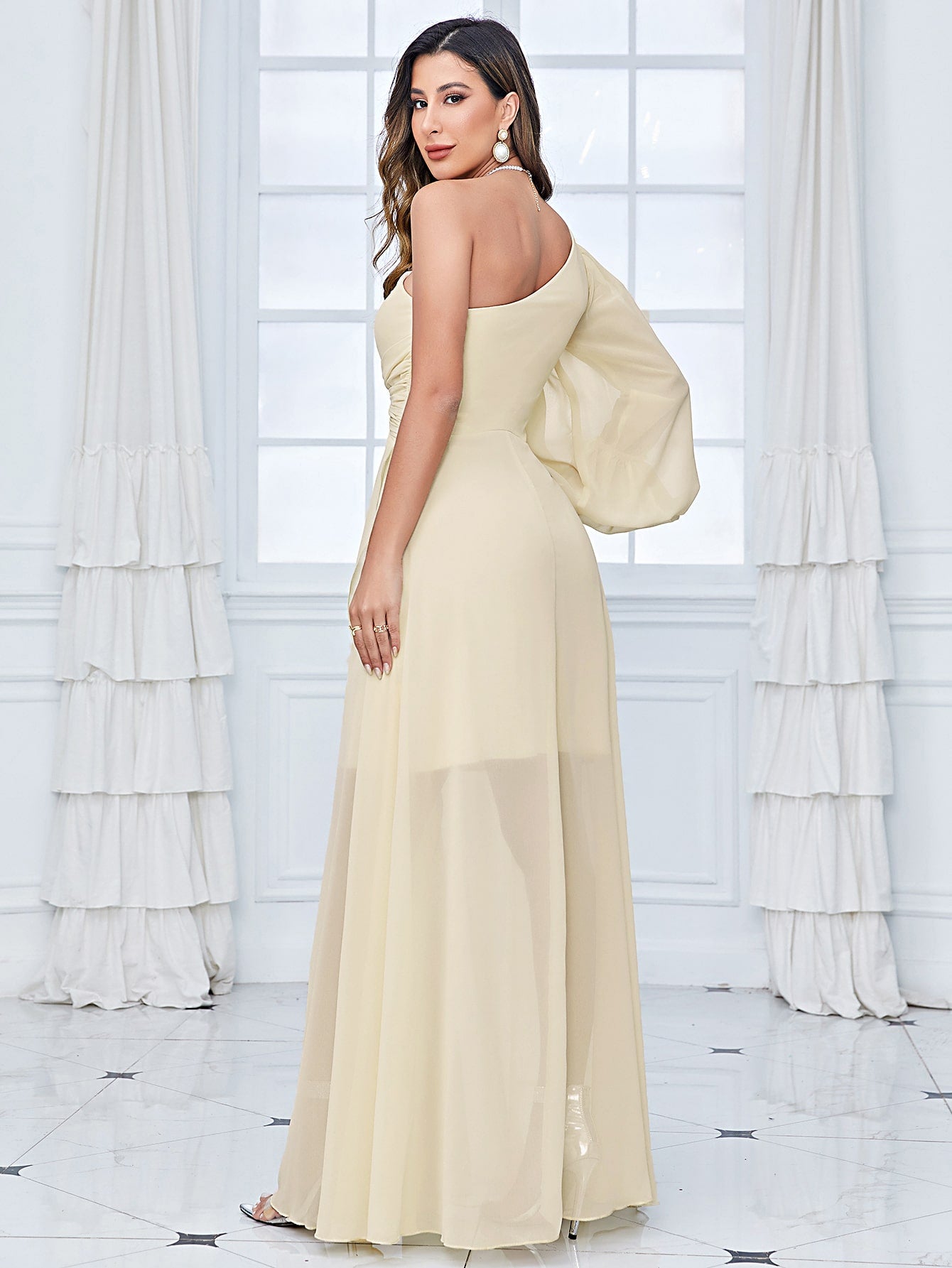One Shoulder Lantern Sleeve Twist Front Split Thigh Chiffon Bridesmaid Dress