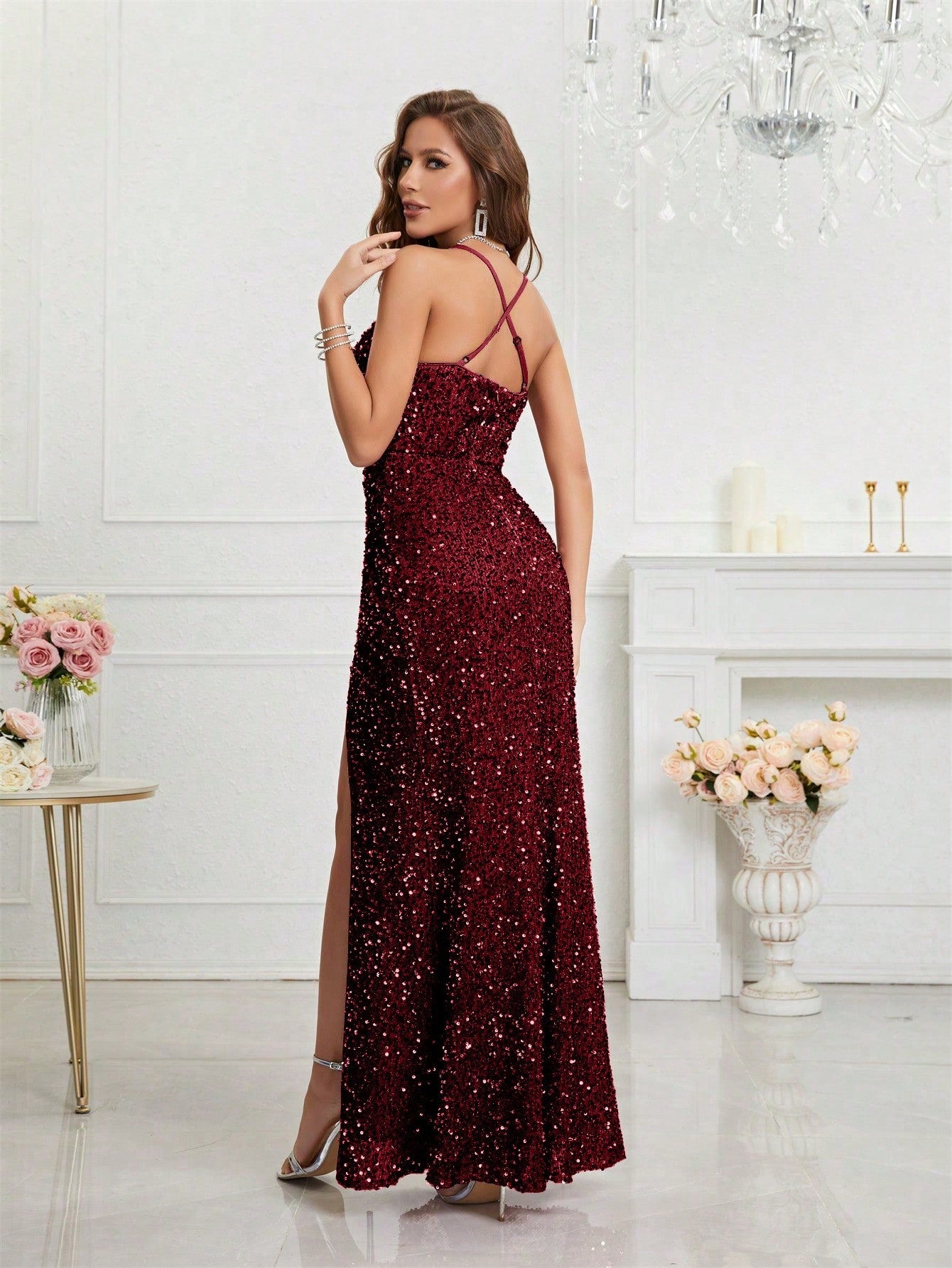 LUNE Split Thigh Sequin Formal Dress