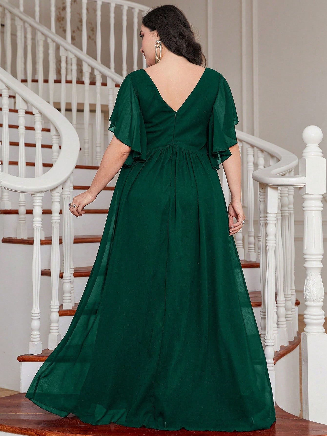 LUNE Plus Contrast Sequin Butterfly Sleeve Split Thigh Chiffon Bridesmaid Dress