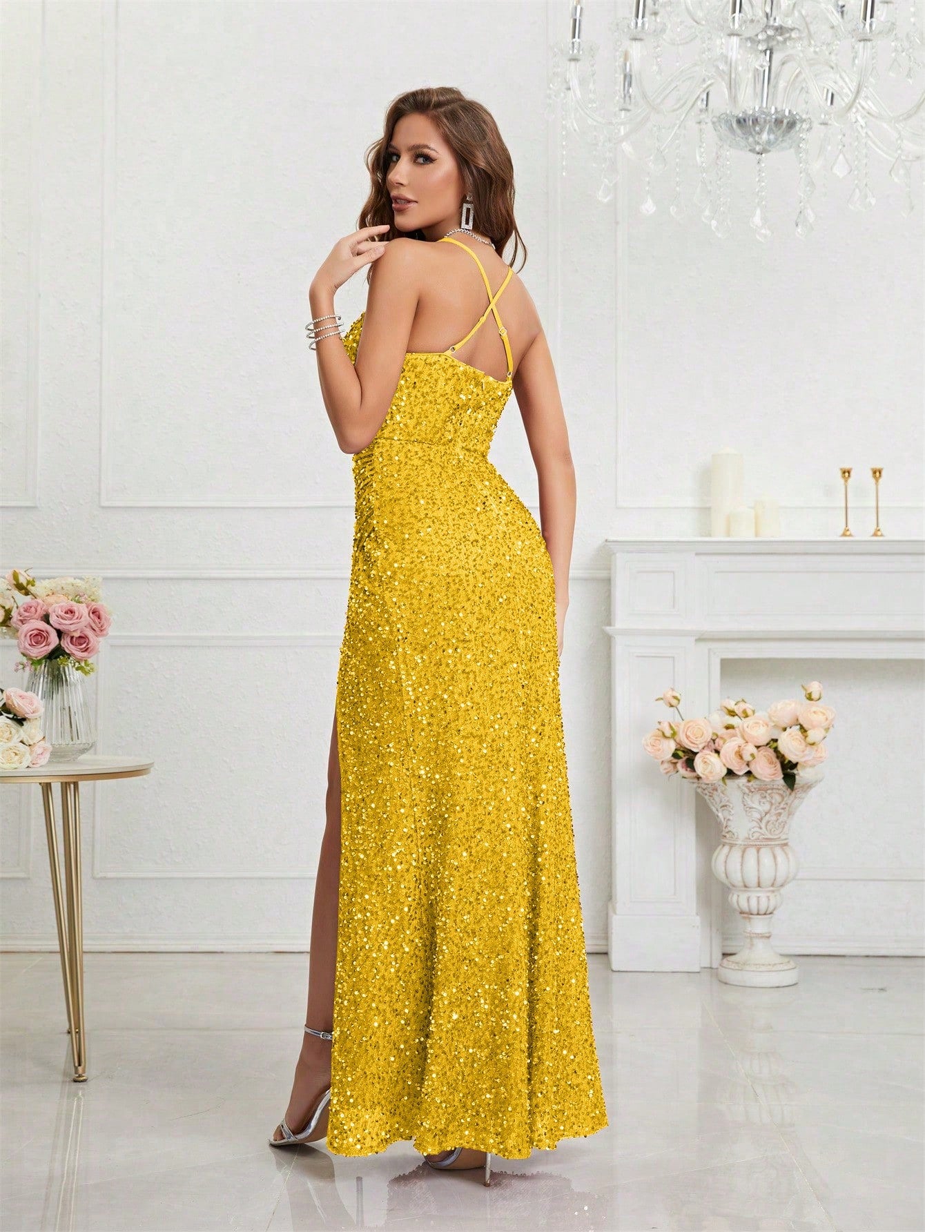 LUNE Split Thigh Sequin Formal Dress