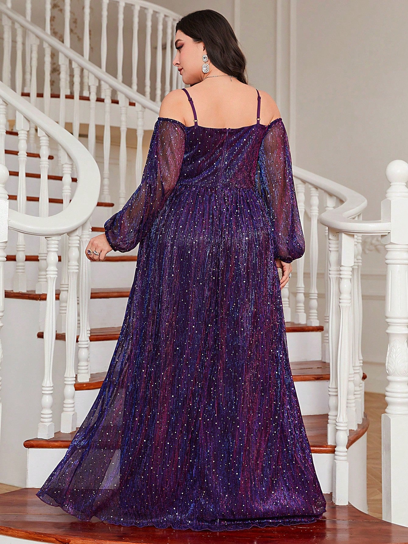 Plus Cold Shoulder Lantern Sleeve Glitter Dress