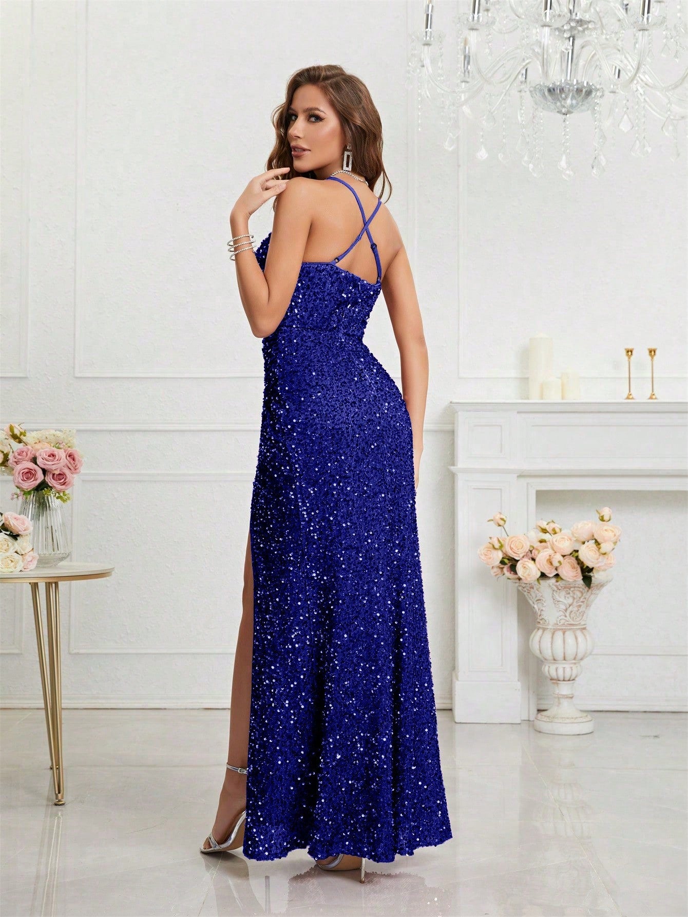 LUNE Split Thigh Sequin Formal Dress