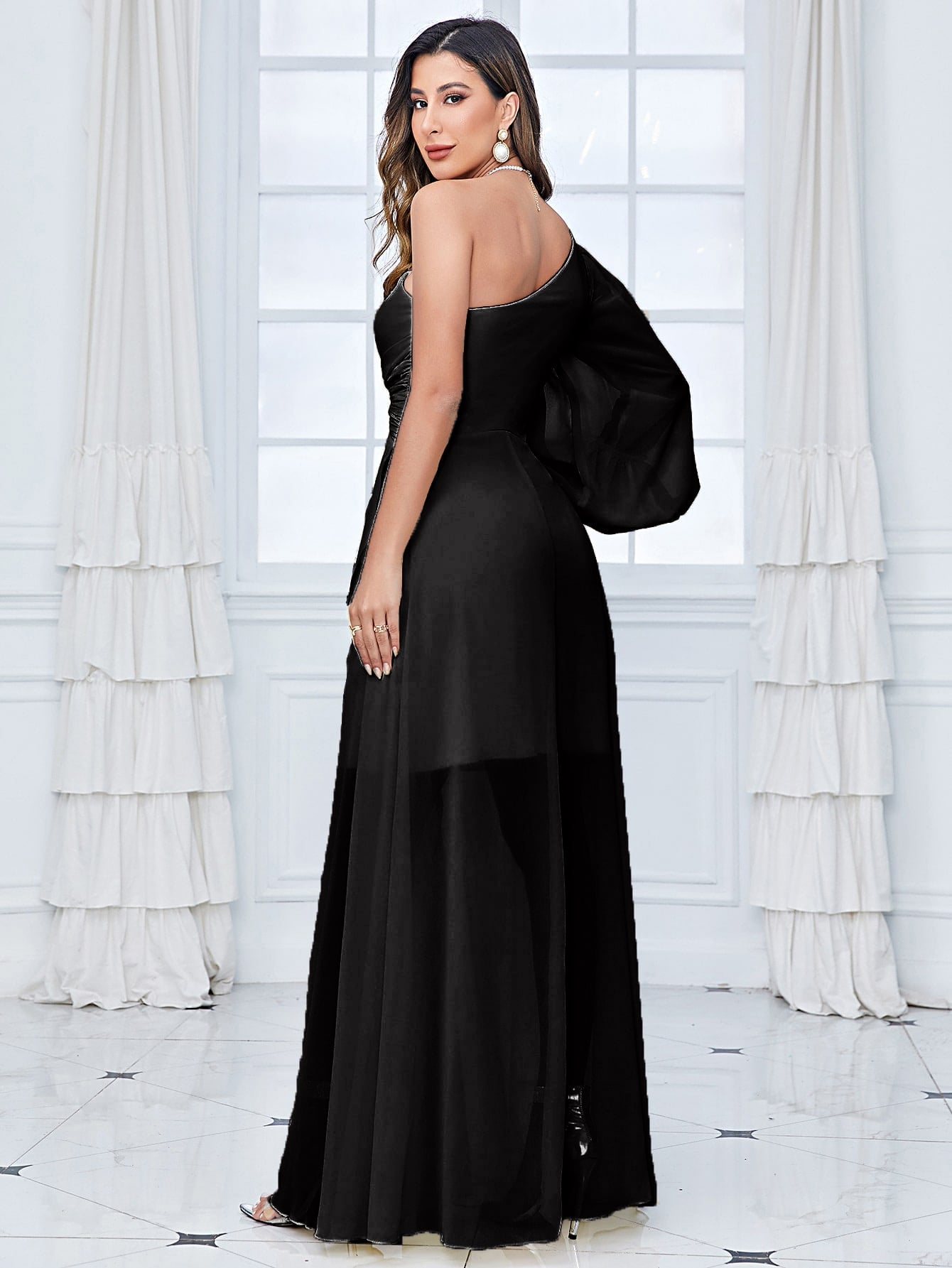One Shoulder Lantern Sleeve Twist Front Split Thigh Chiffon Bridesmaid Dress