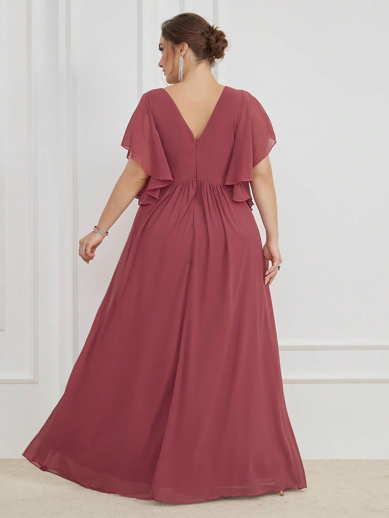 LUNE Plus Contrast Sequin Butterfly Sleeve Split Thigh Chiffon Bridesmaid Dress