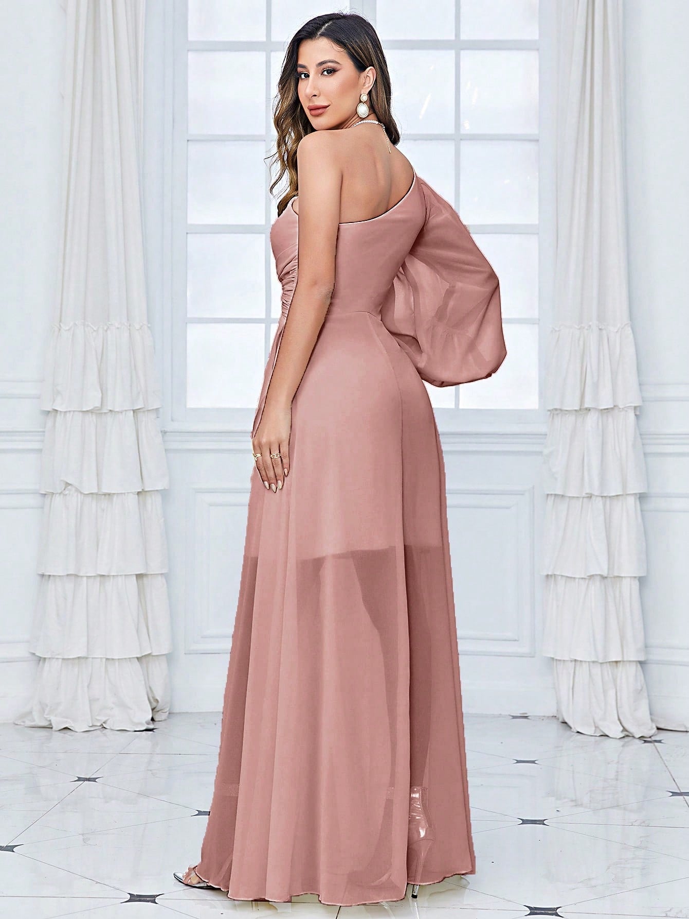 One Shoulder Lantern Sleeve Twist Front Split Thigh Chiffon Bridesmaid Dress