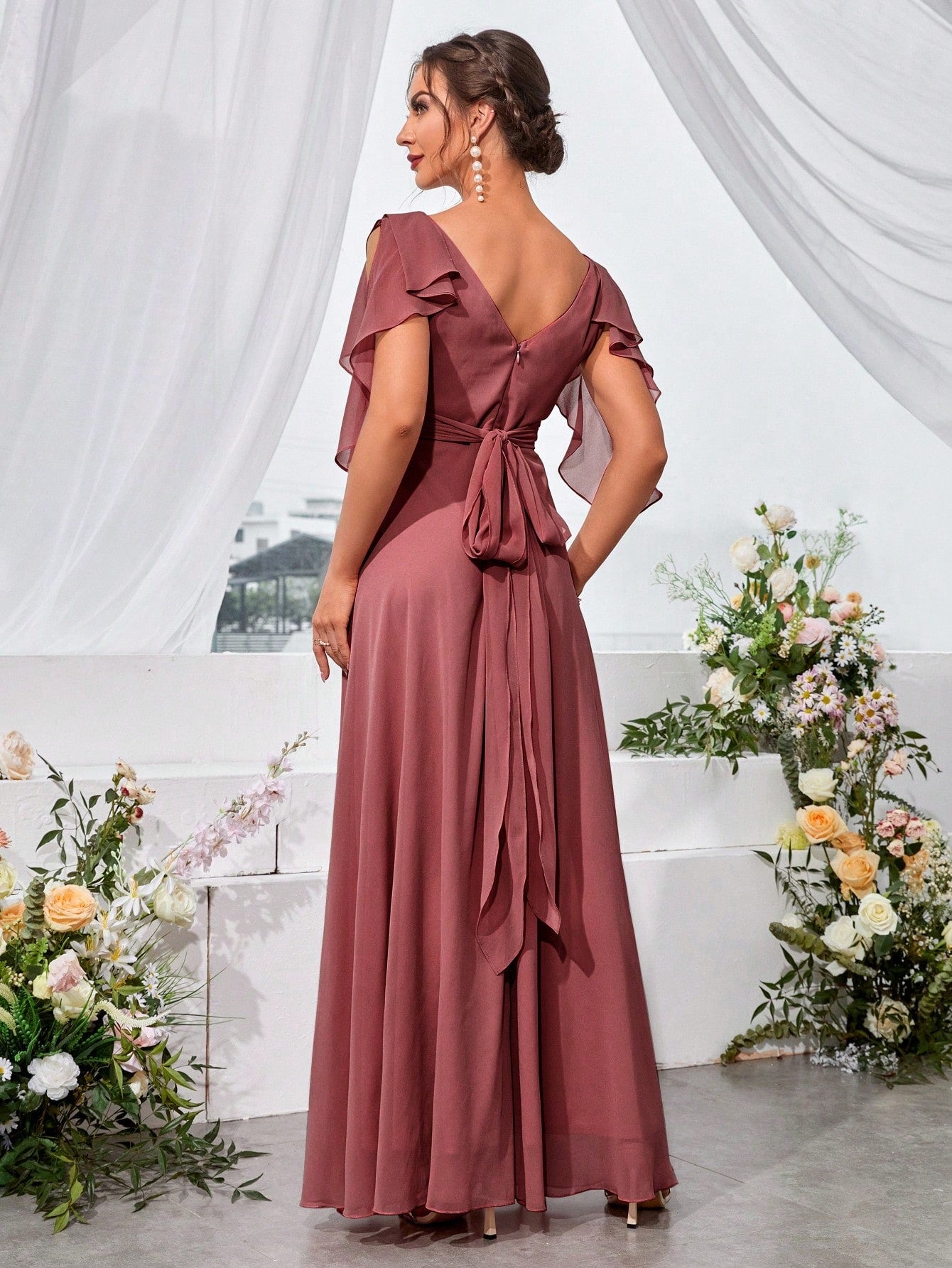 Ruffle Trim Cold Shoulder Tie Back Chiffon Maxi Bridesmaid Dress