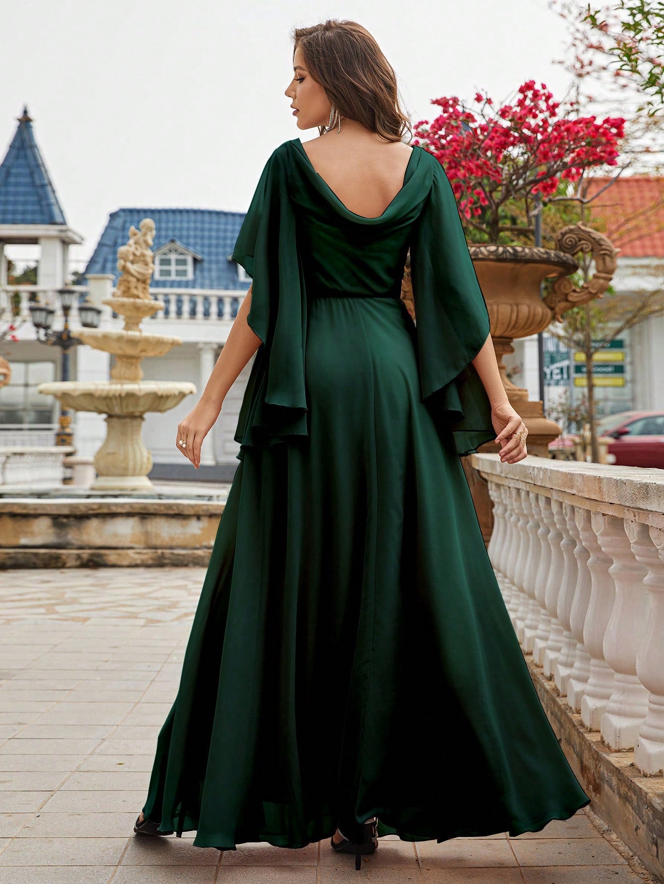 Pearls Detail Butterfly Sleeve Chiffon Bridesmaid Dress