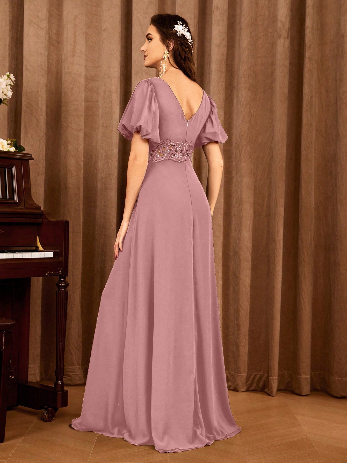 Contrast Lace Bishop Sleeve Bridesmaid Dress