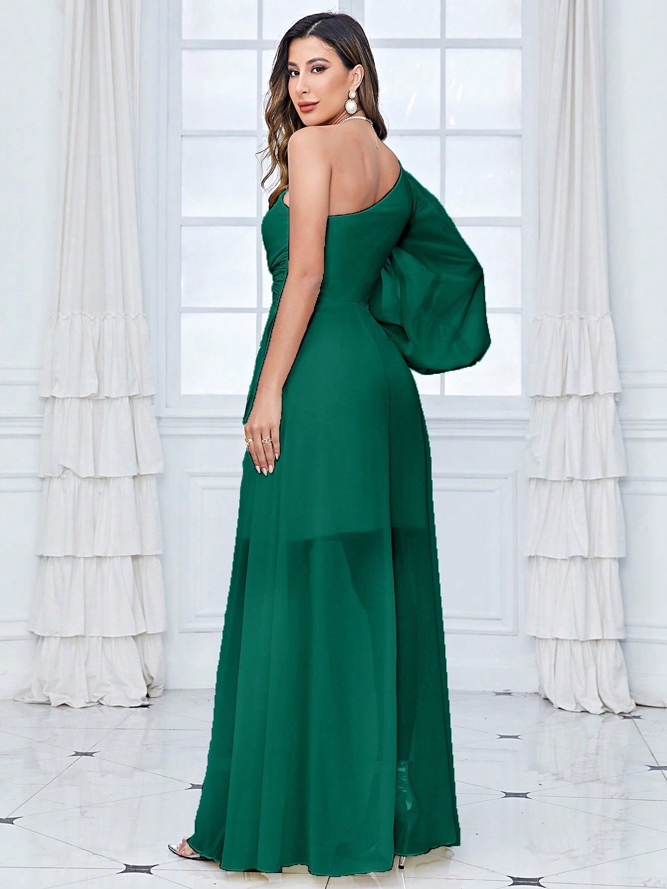 One Shoulder Lantern Sleeve Twist Front Split Thigh Chiffon Bridesmaid Dress
