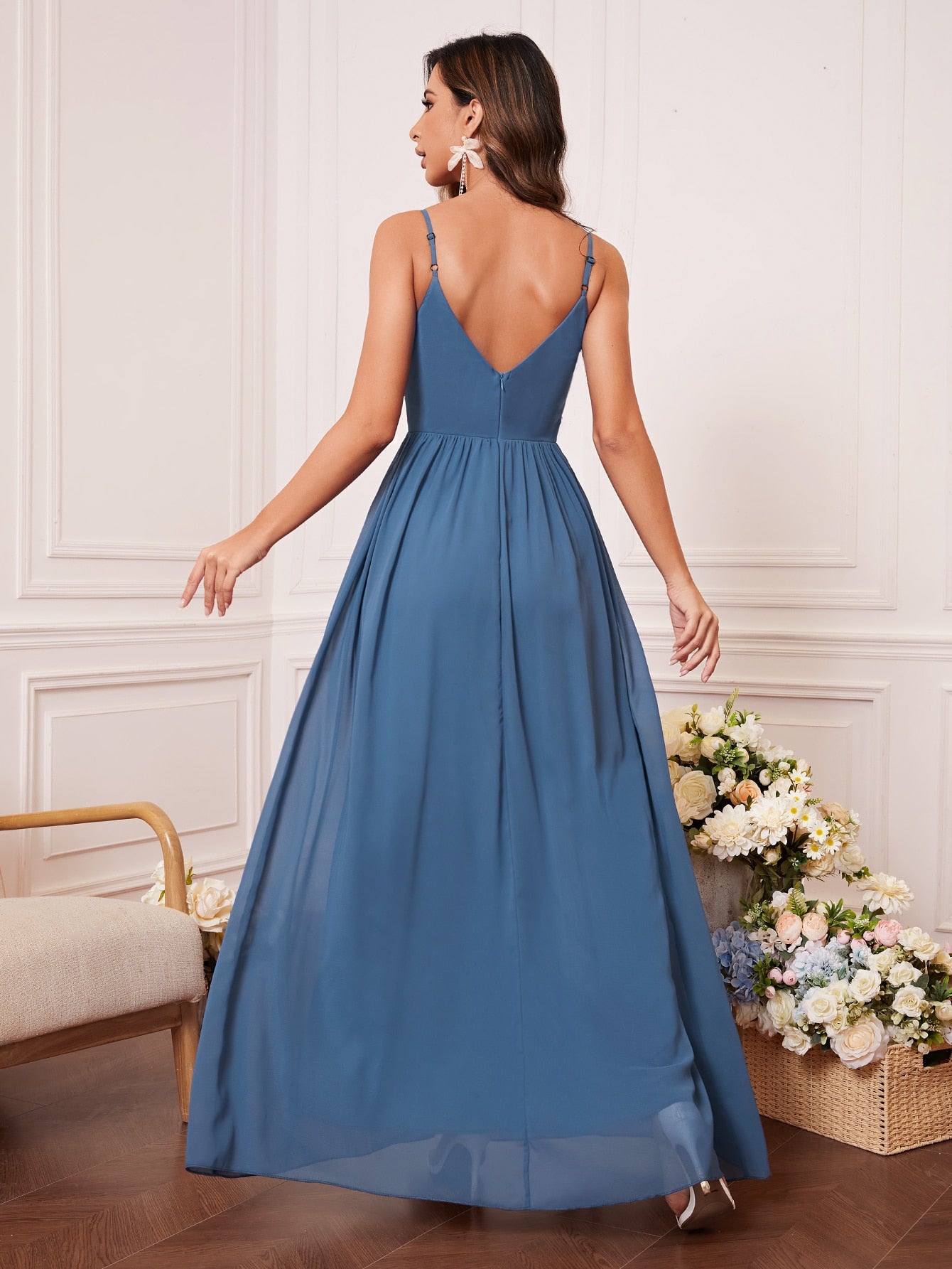 Solid Rhinestone Detail Split Thigh Chiffon Bridesmaid Dress
