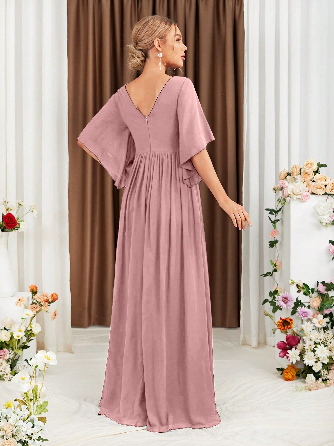 Butterfly Sleeve Popover Split Thigh Chiffon Bridesmaid Dress