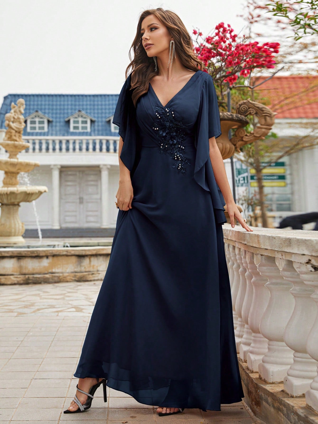 Pearls Detail Butterfly Sleeve Chiffon Bridesmaid Dress