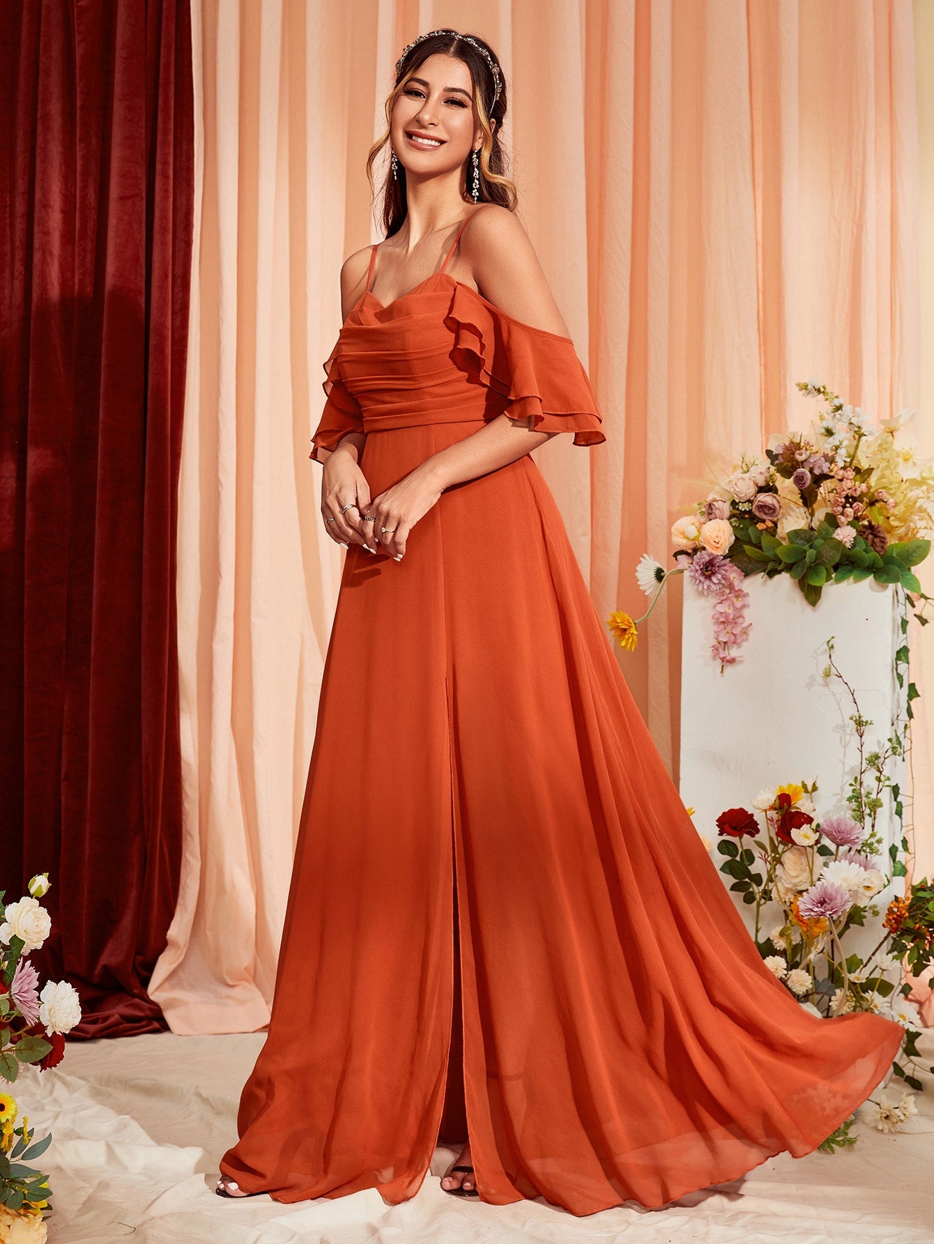 Cold Shoulder Ruched Split Thigh Chiffon Bridesmaid Dress