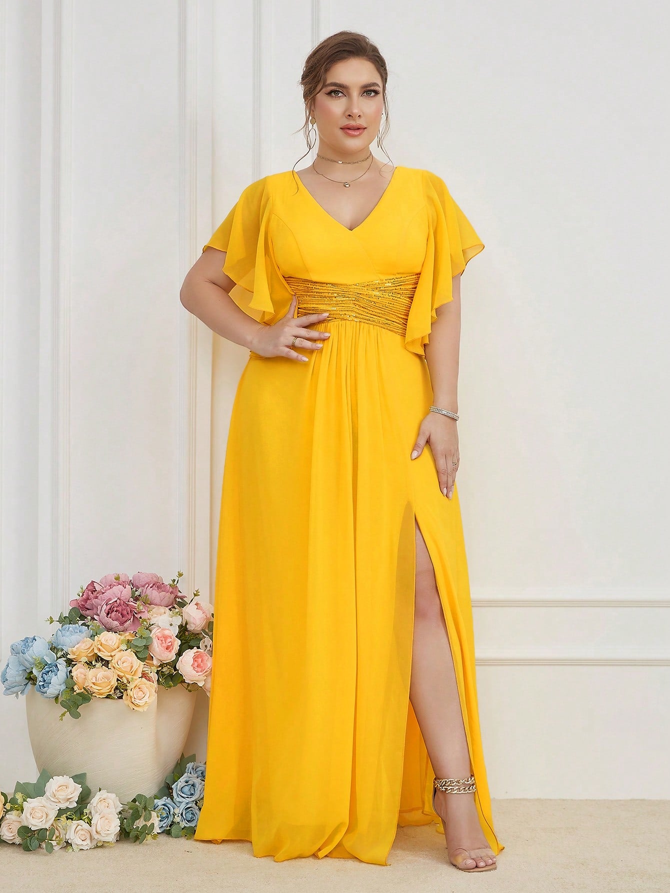 LUNE Plus Contrast Sequin Butterfly Sleeve Split Thigh Chiffon Bridesmaid Dress