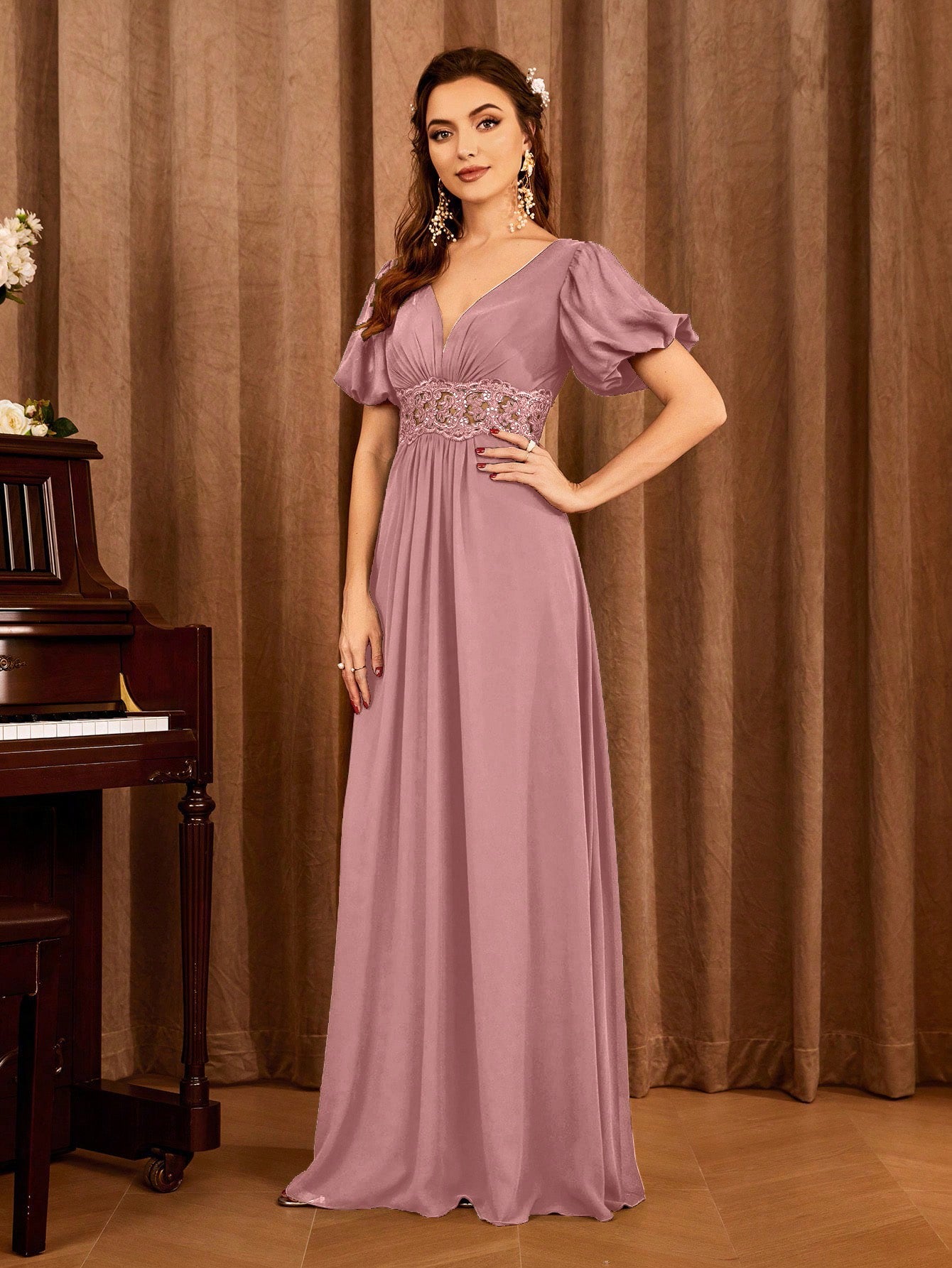 Contrast Lace Bishop Sleeve Bridesmaid Dress
